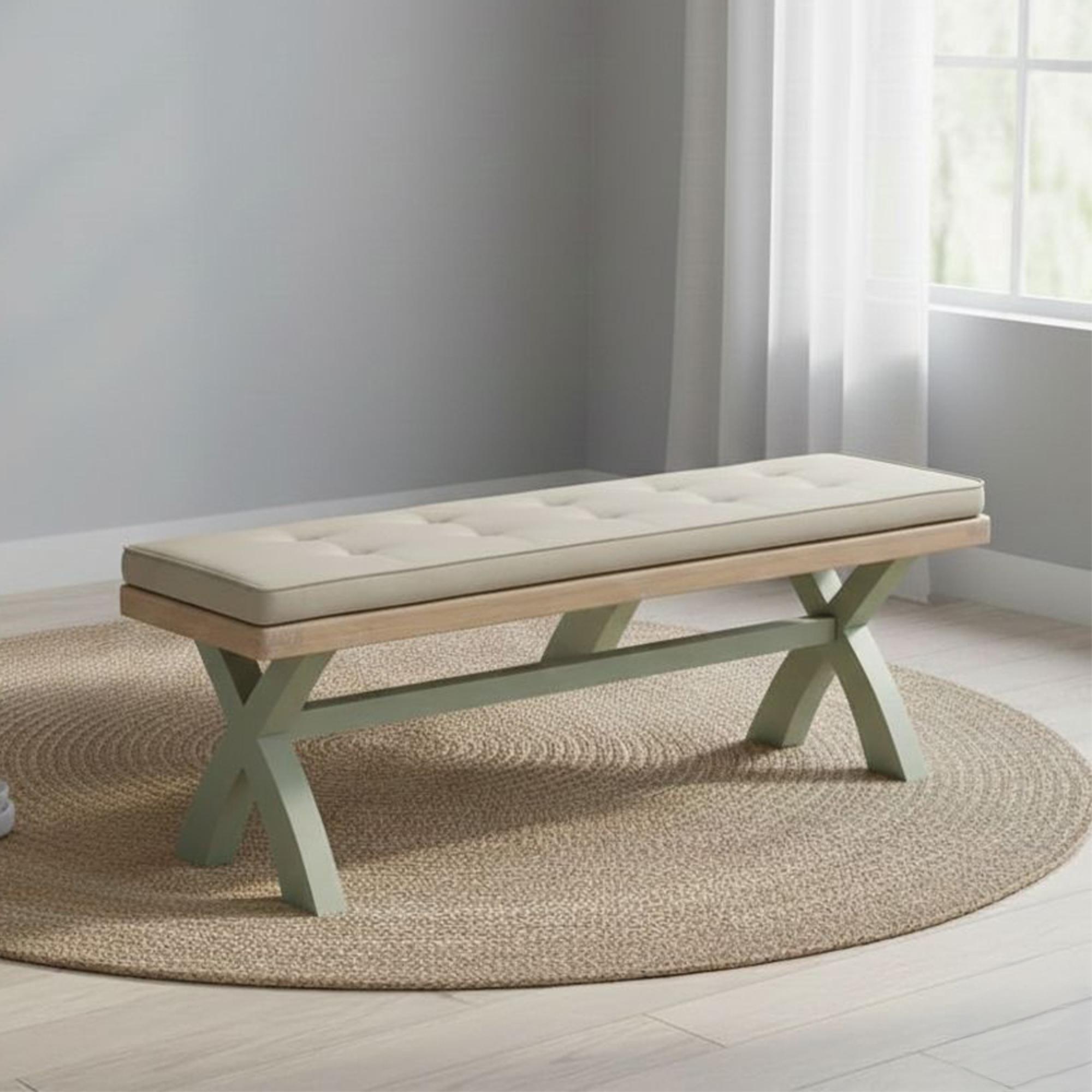 Salcombe Dining Bench with Cross Leg - Sage Oak -  Beige Fabric