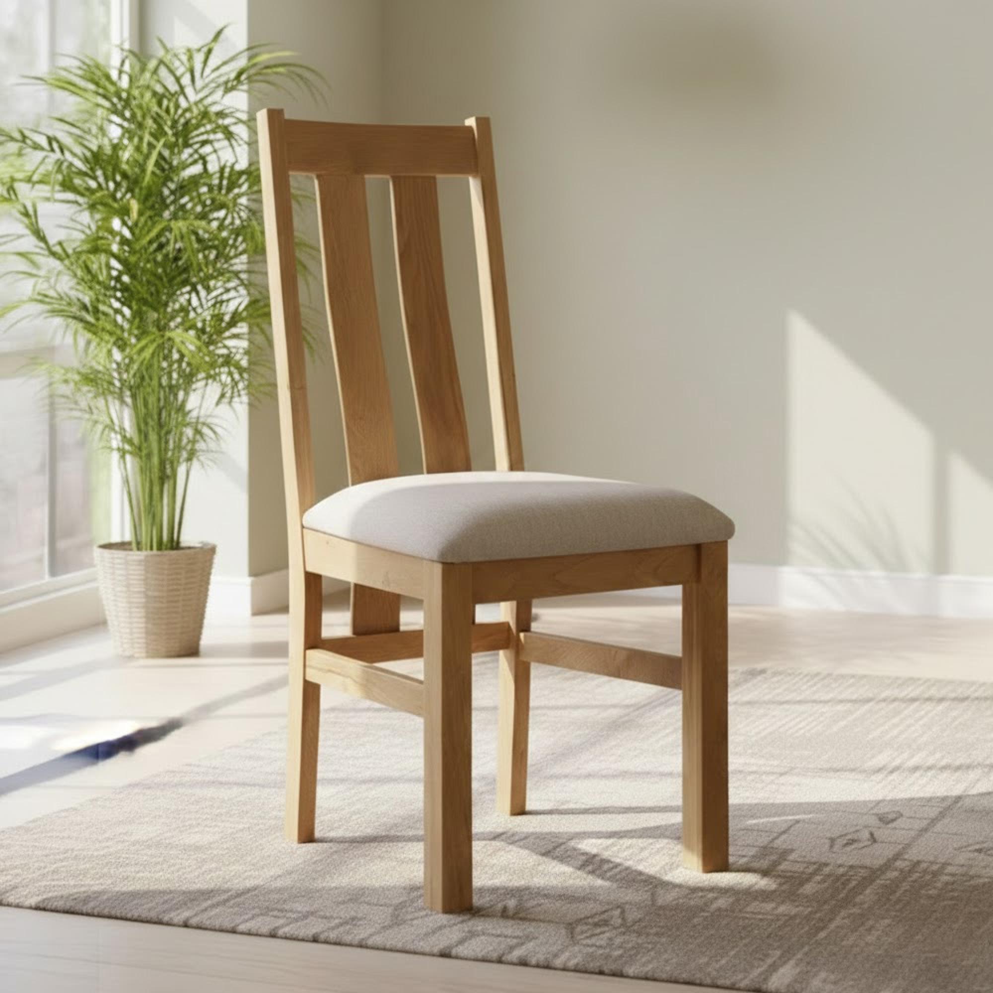 Appleby Dining Chair – Set of 2 - Slatted Back – Oak – Beige Fabric Seat Pad