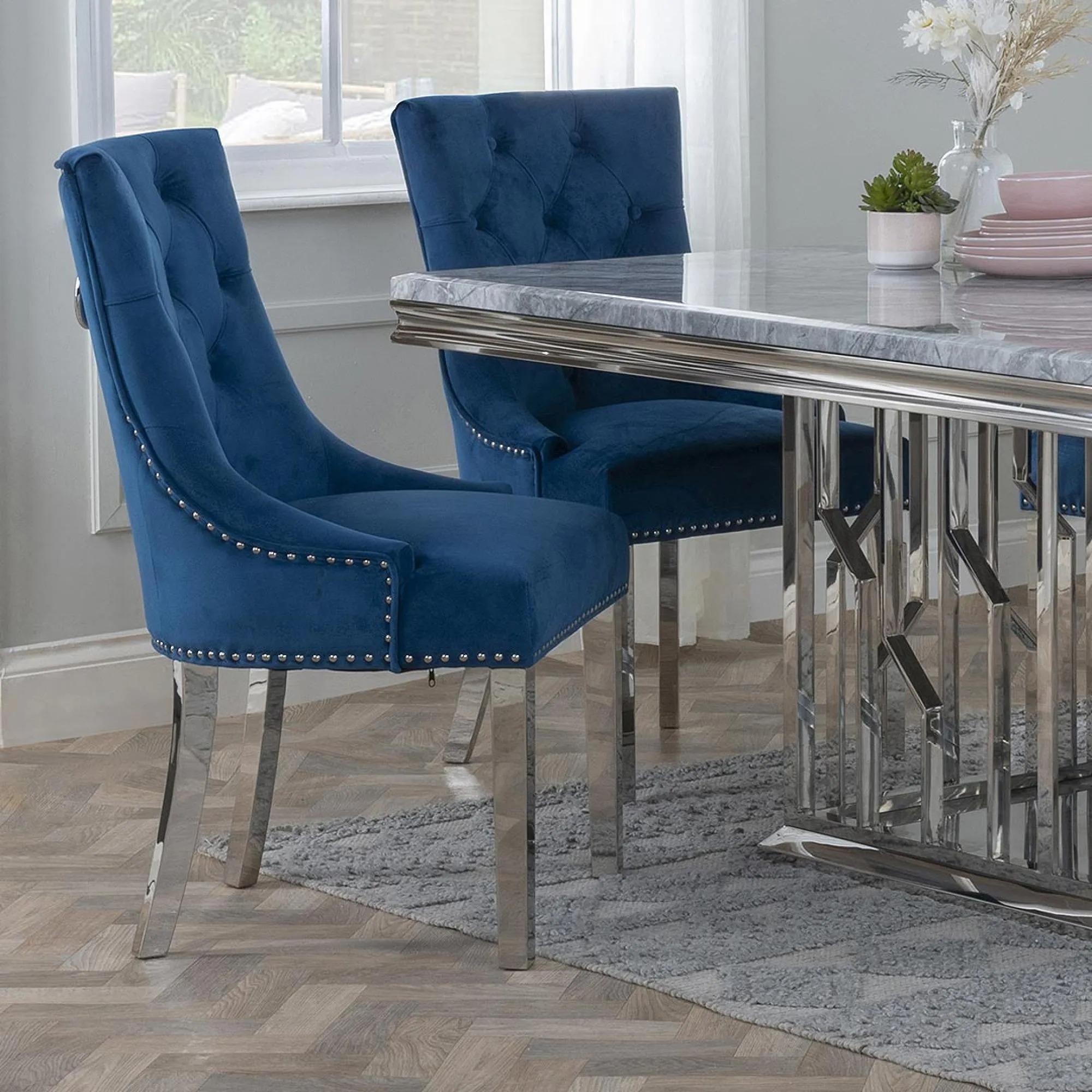Knocker Back Dining Chair - Blue Velvet Fabric - Chrome Legs