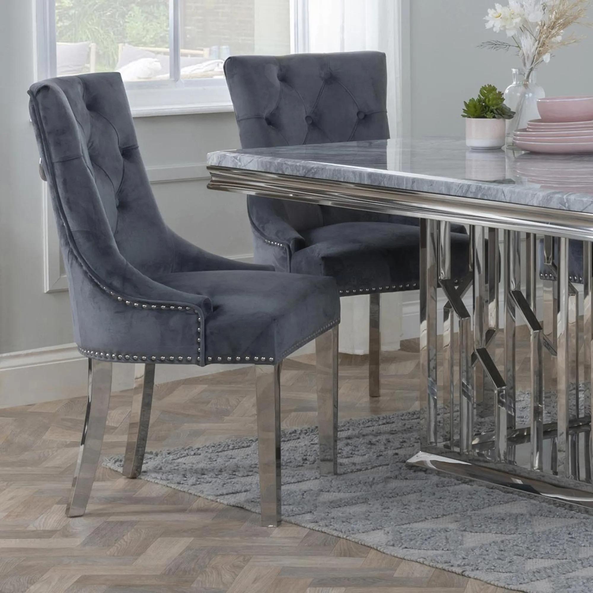 Knocker Back Dining Chair - Grey Velvet Fabric - Chrome Legs
