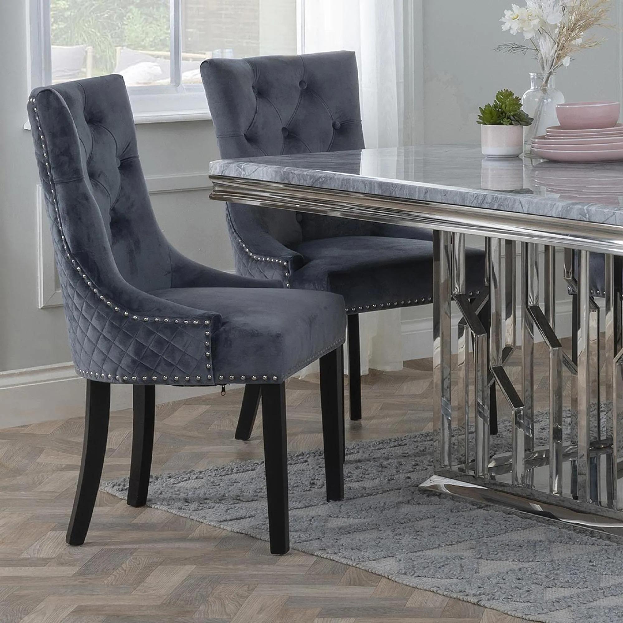 Lion Knocker Back Dining Chair - Grey Velvet Fabric - Black Wooden Legs