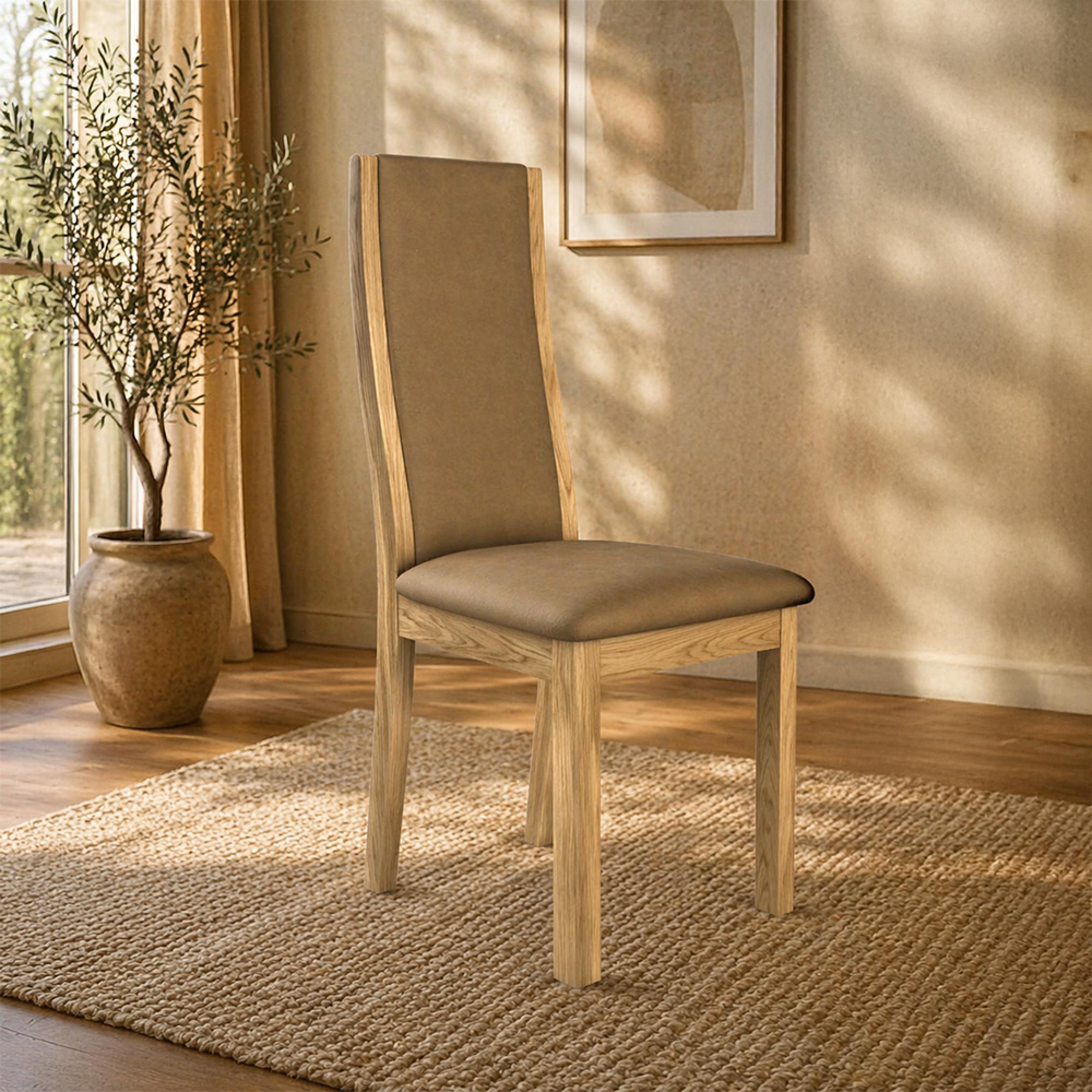 Saylor Dining Chair - Set of 2 - High Back - Taupe Faux Leather - Oak