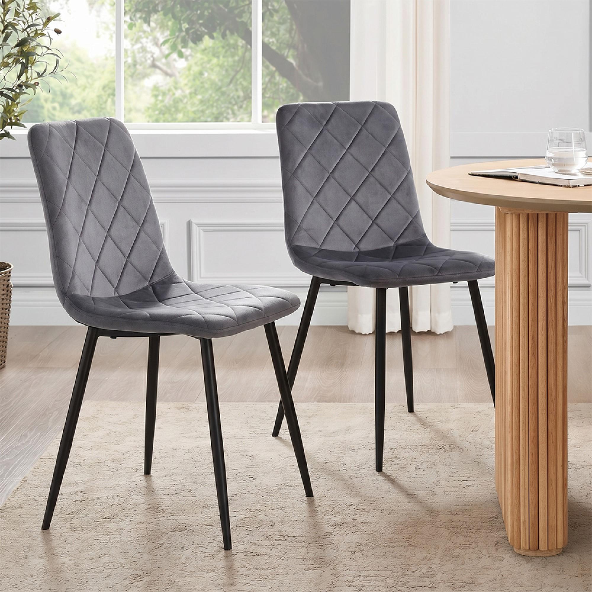 Bella Dining Chair - Set of 2 - Cross Stitched - Grey Velvet Fabric