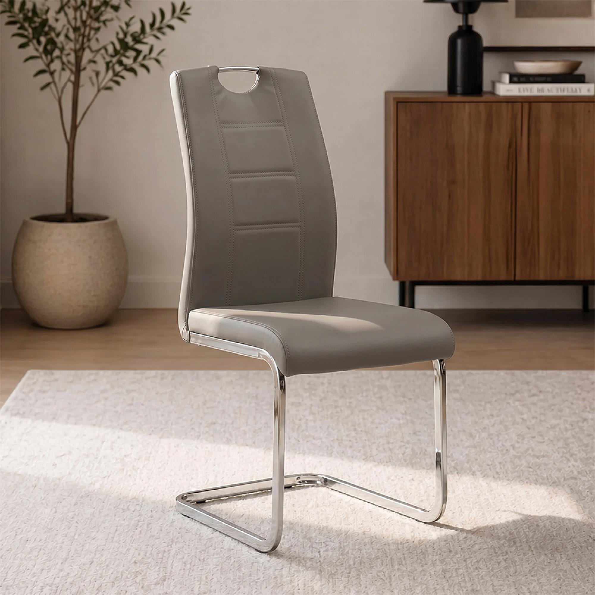 Venice Dining Chair - Set of 2 - Chrome Cantilever - Grey Faux Leather