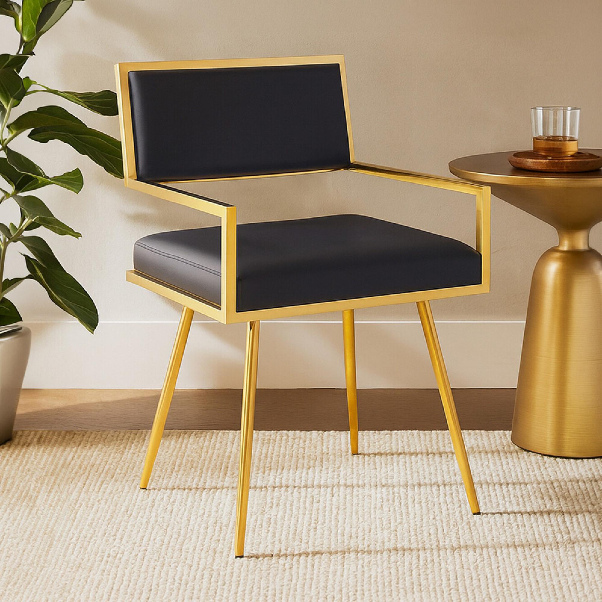 Azalea Dining Chair - Set of 2 - Black Faux Leather with Gold Metal Frame