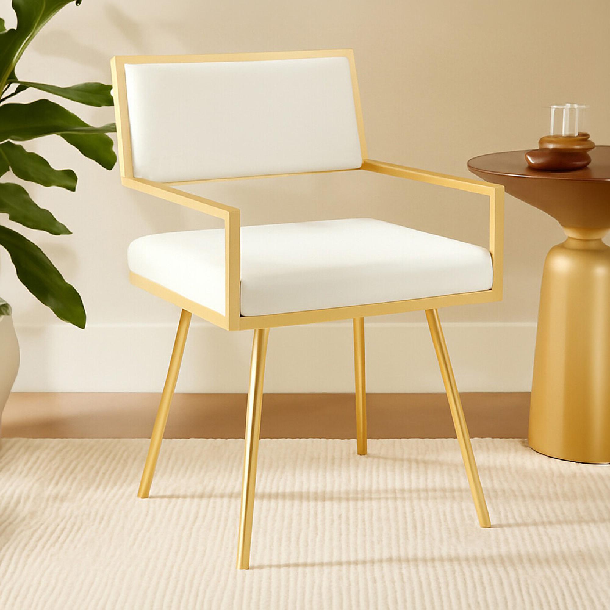 Azalea Dining Chair - Set of 2 - Ivory Faux Leather with Gold Metal Frame