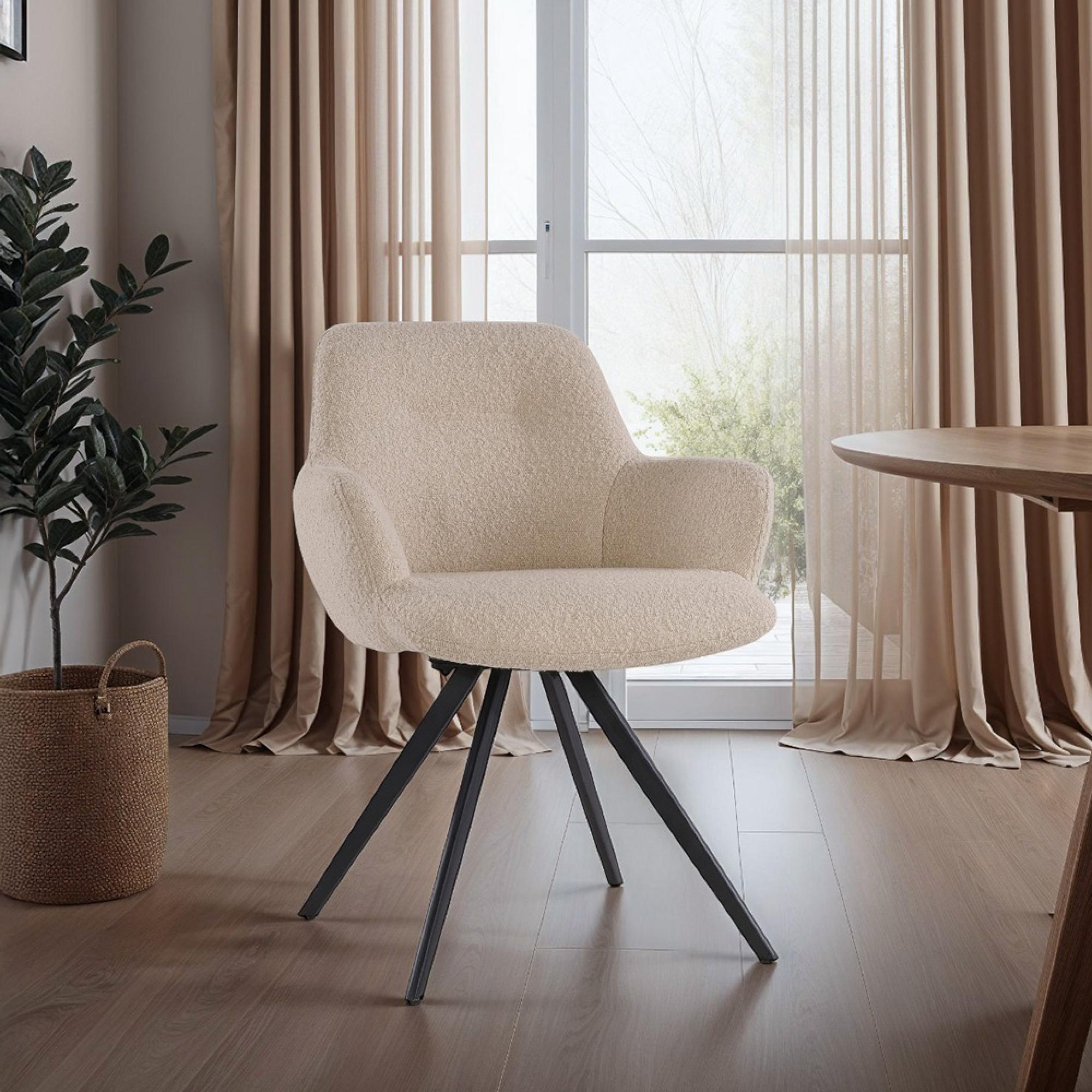 Doreen Swivel Dining Armchair - Set of 2 - Beige - Boucle Fabric and Metal