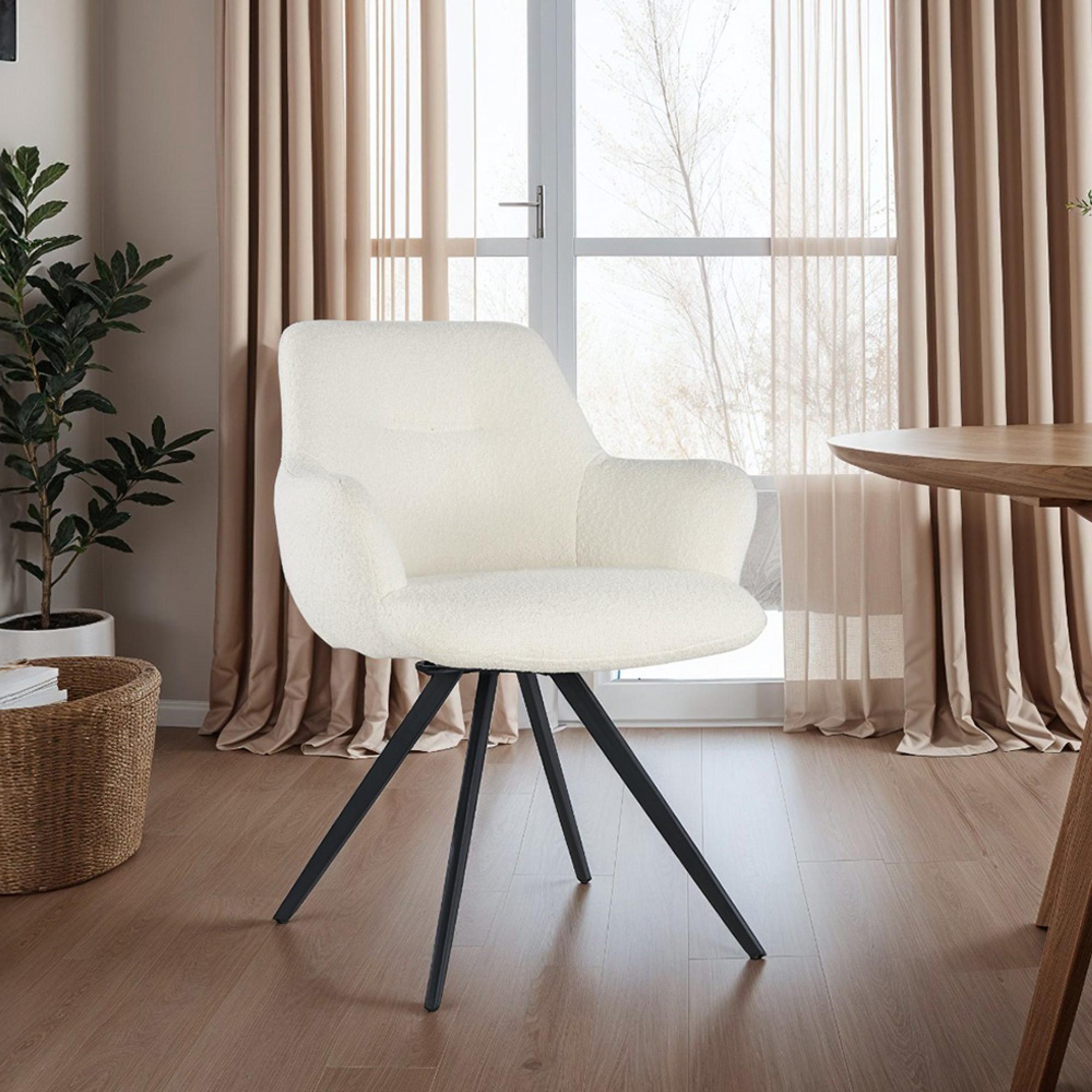 Doreen Swivel Dining Armchair - Set of 2 - White - Boucle Fabric and Metal