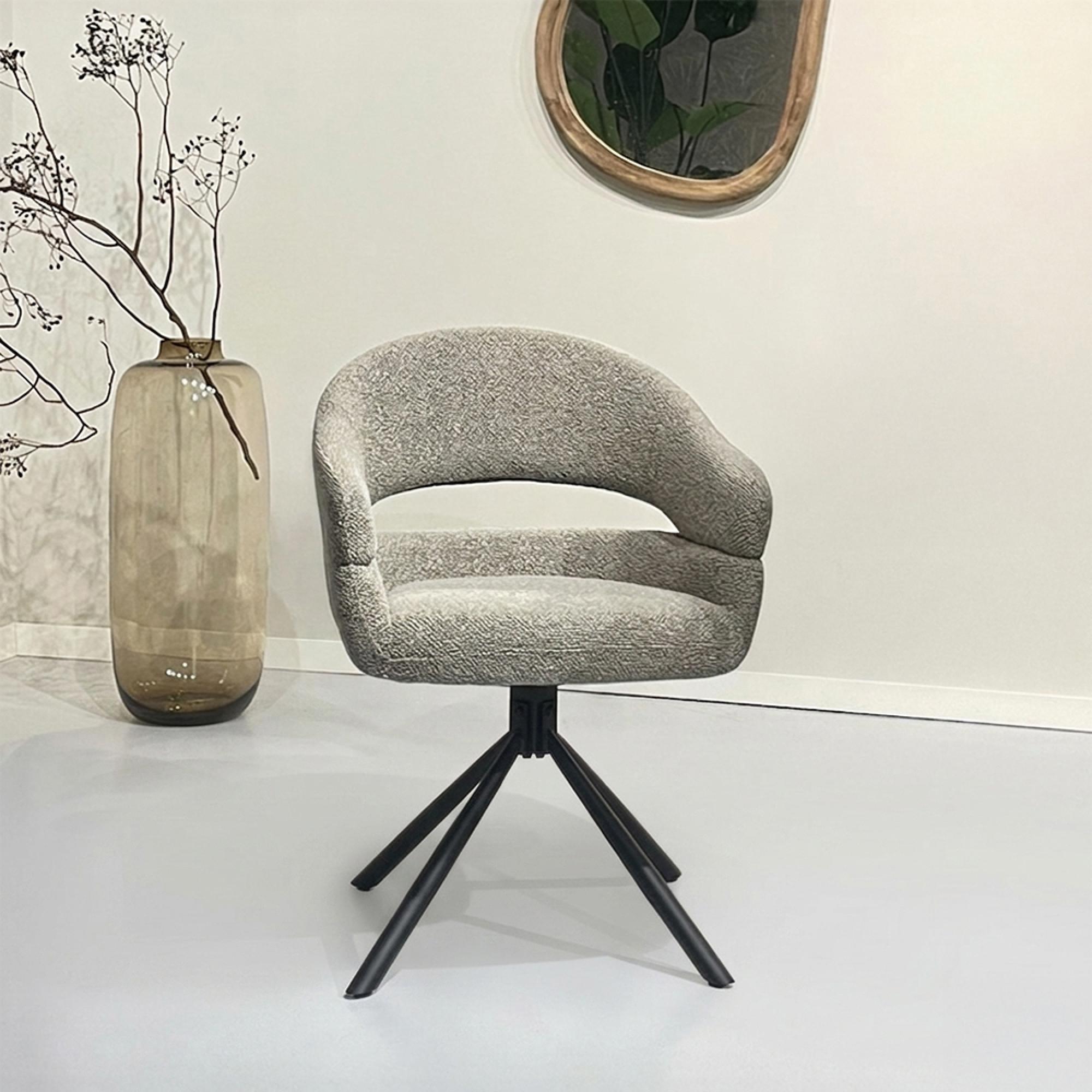 Linn Swivel Dining Armchair - Set of 2 - Curved Back - Black Legs - Taupe - Fabric and Metal