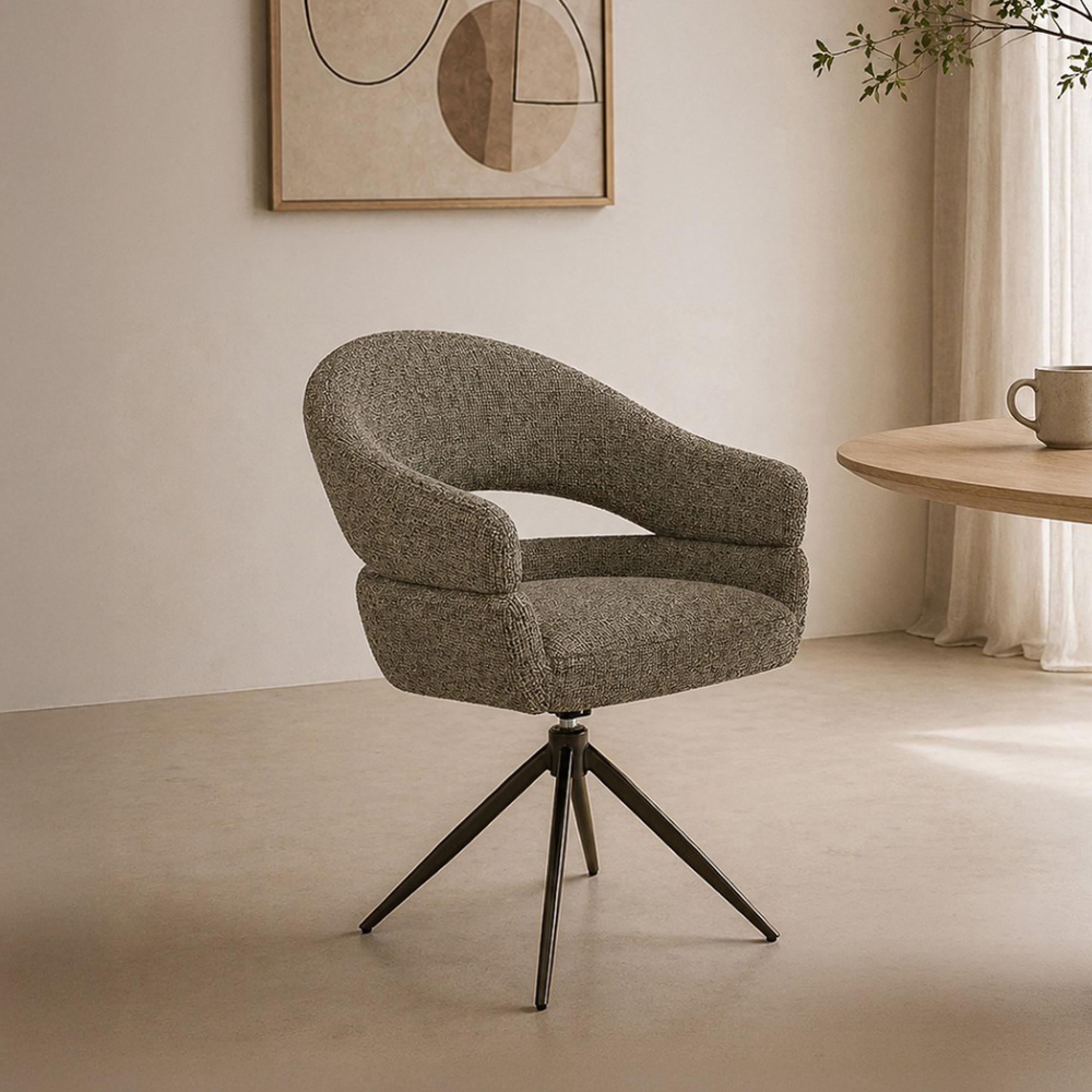 Linn Swivel Dining Armchair - Set of 2 - Curved Back - Bronze Legs - Desert - Fabric and Metal