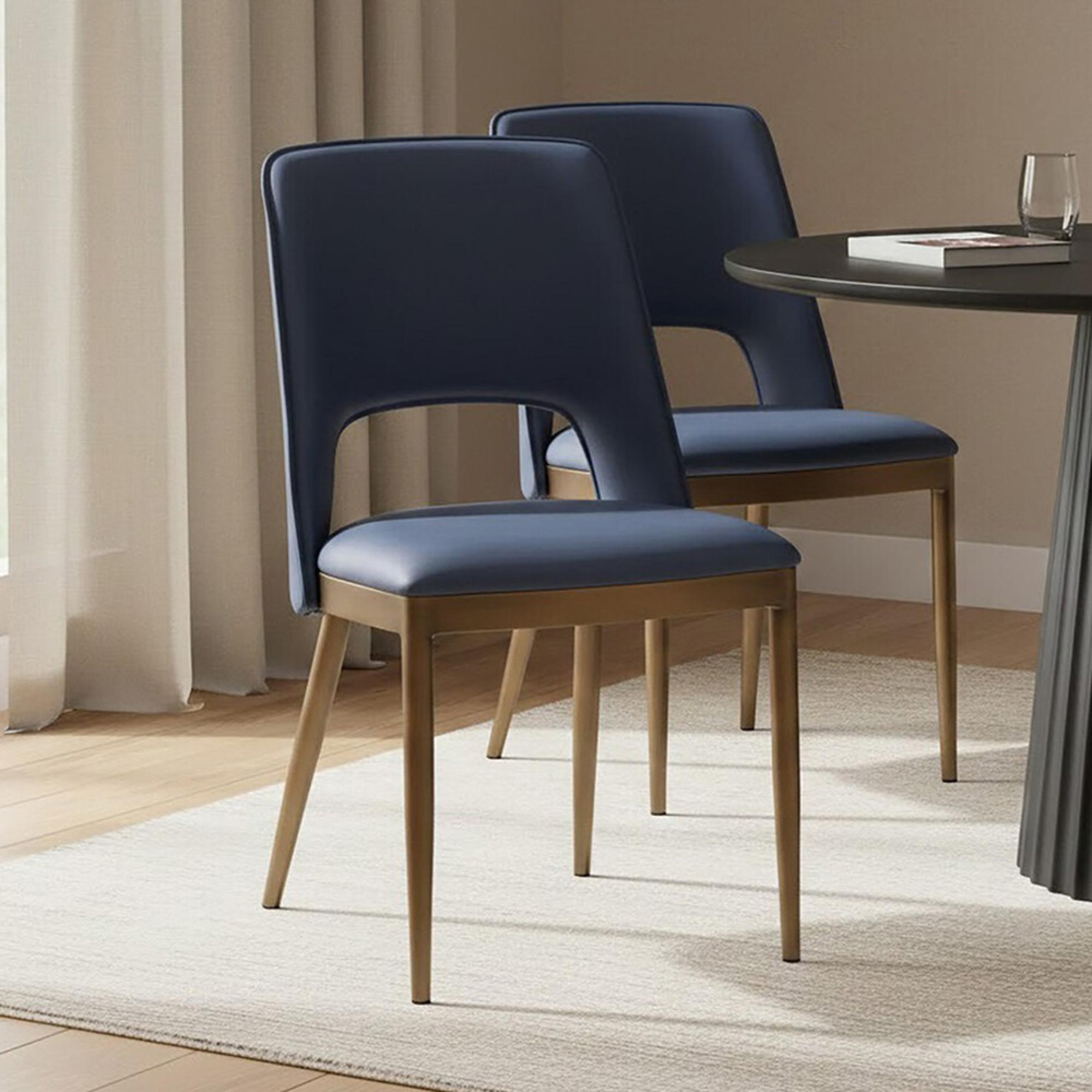 Gilden Dining Chair - Set of 2 - Blue Faux Leather with Gold Metal Legs