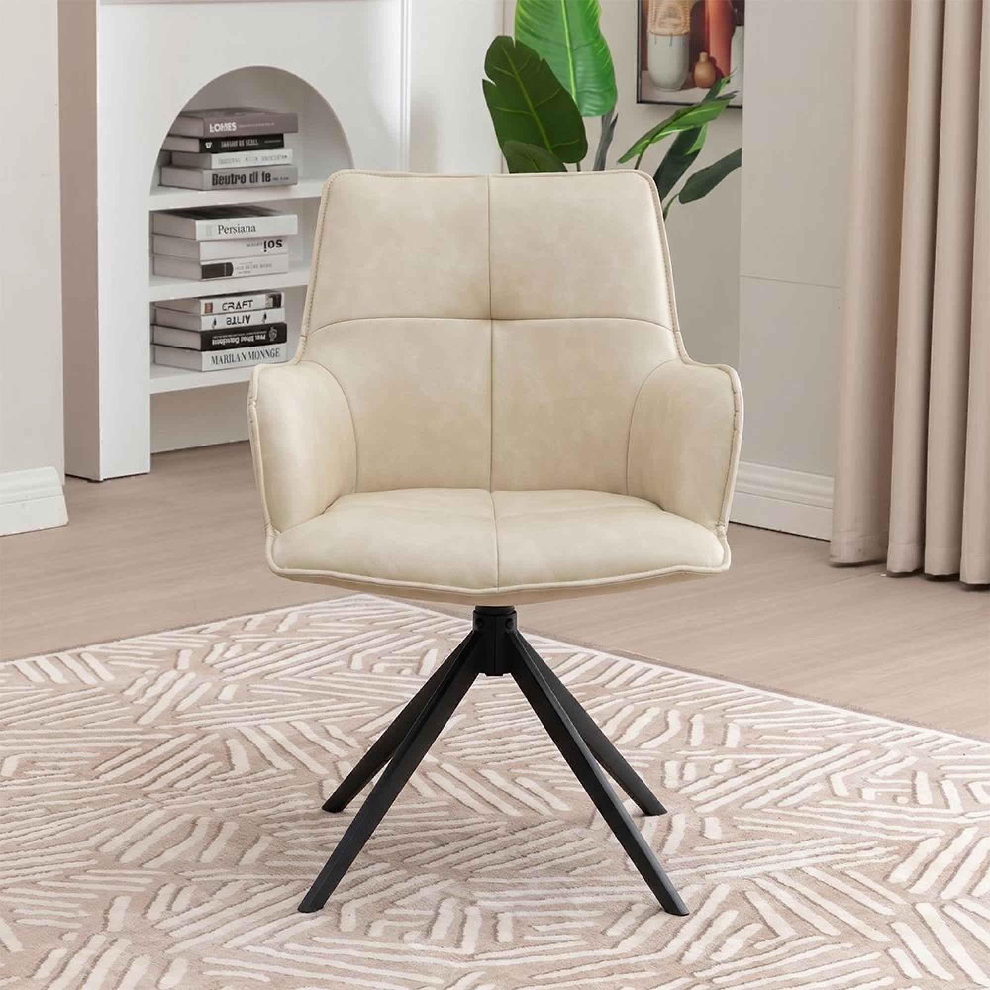 Jacob Swivel Dining Armchair - Set of 2 - Ivory and Black - Faux Leather and Metal