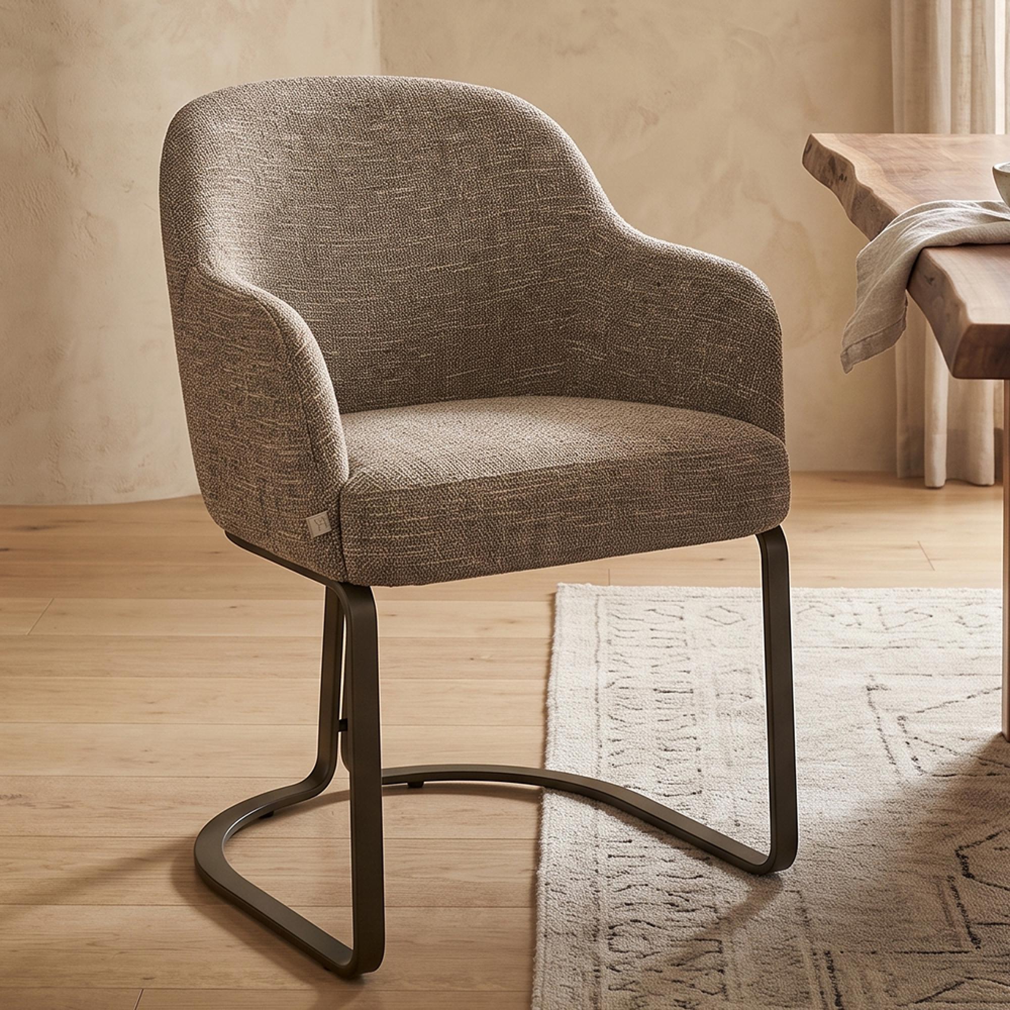 Hadley Dining Armchair - Cantilever Base - Brown Tweed - Fabric and Metal