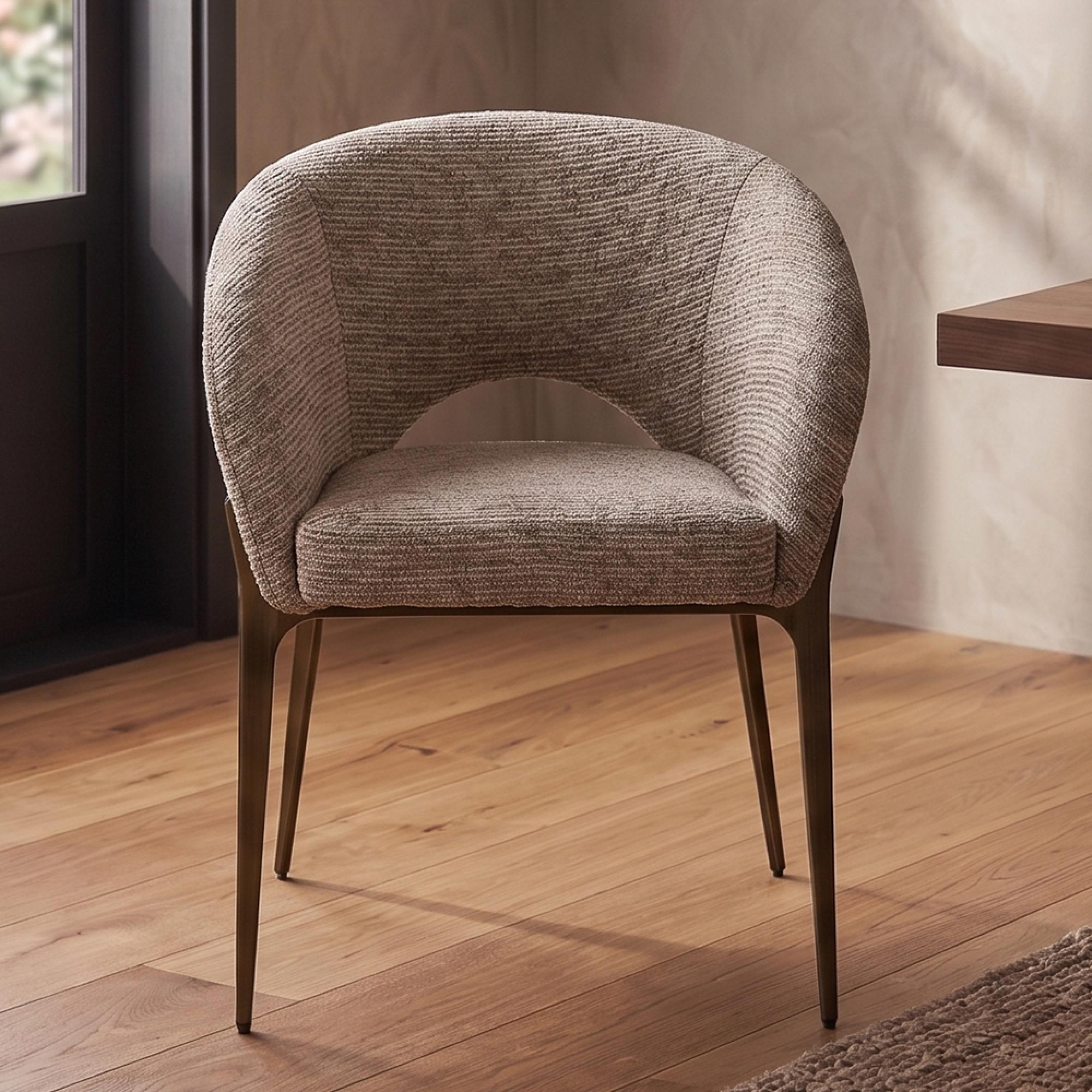 Kenzi Dining Armchair - Curved Back - Mocca Linear - Fabric and Wood
