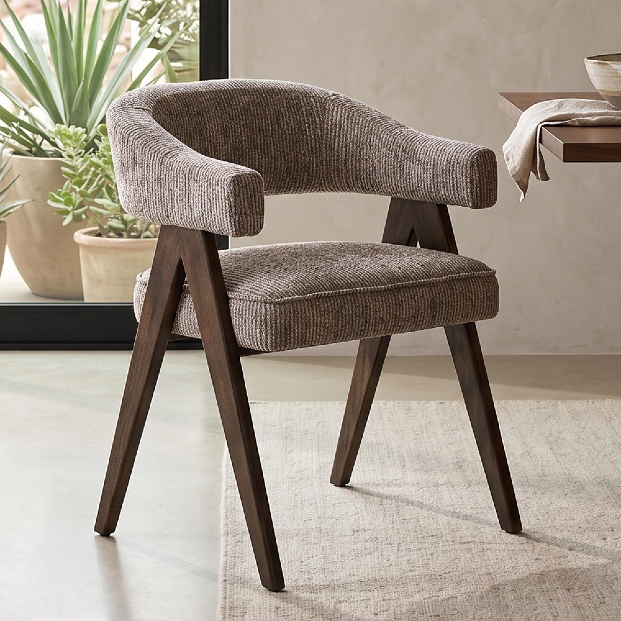 Mori Dining Armchair - Mocca Linear - Fabric and Wood