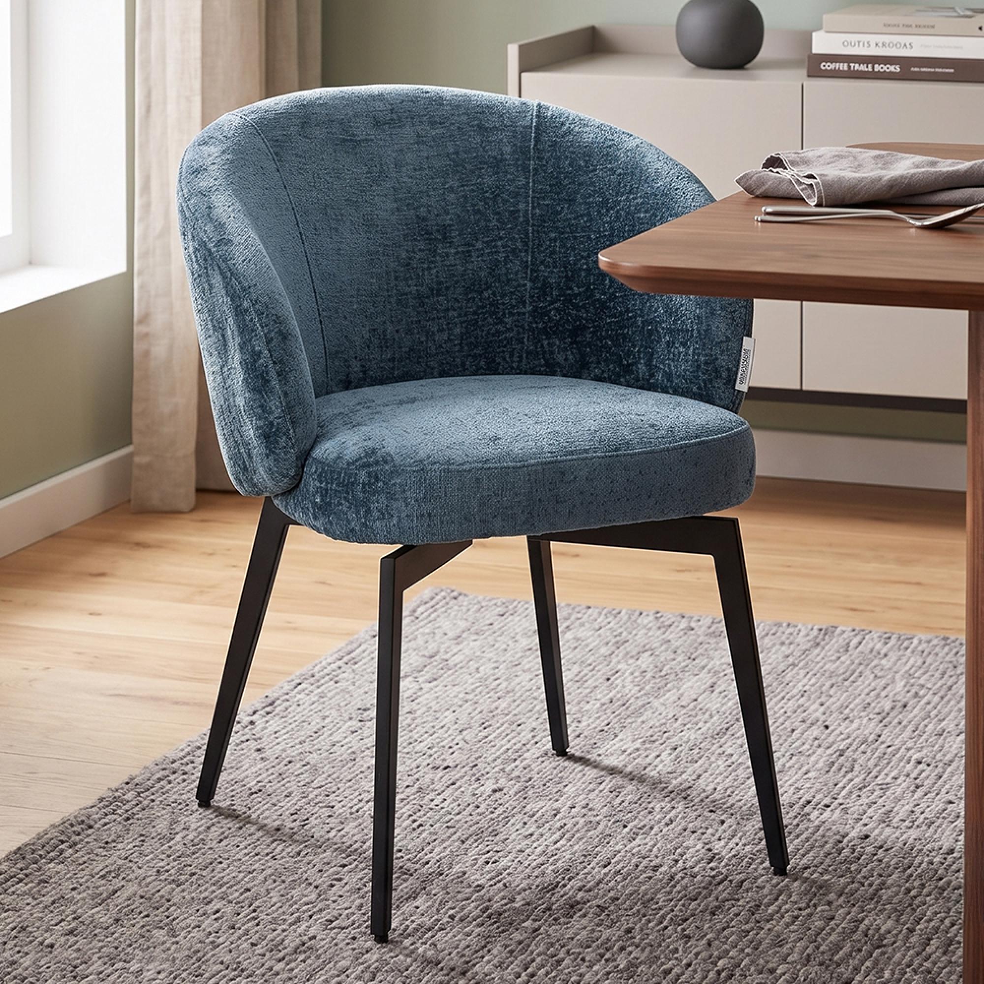 Amphara Dining Armchair - Curved Back - Blue Chenille - Fabric and Metal