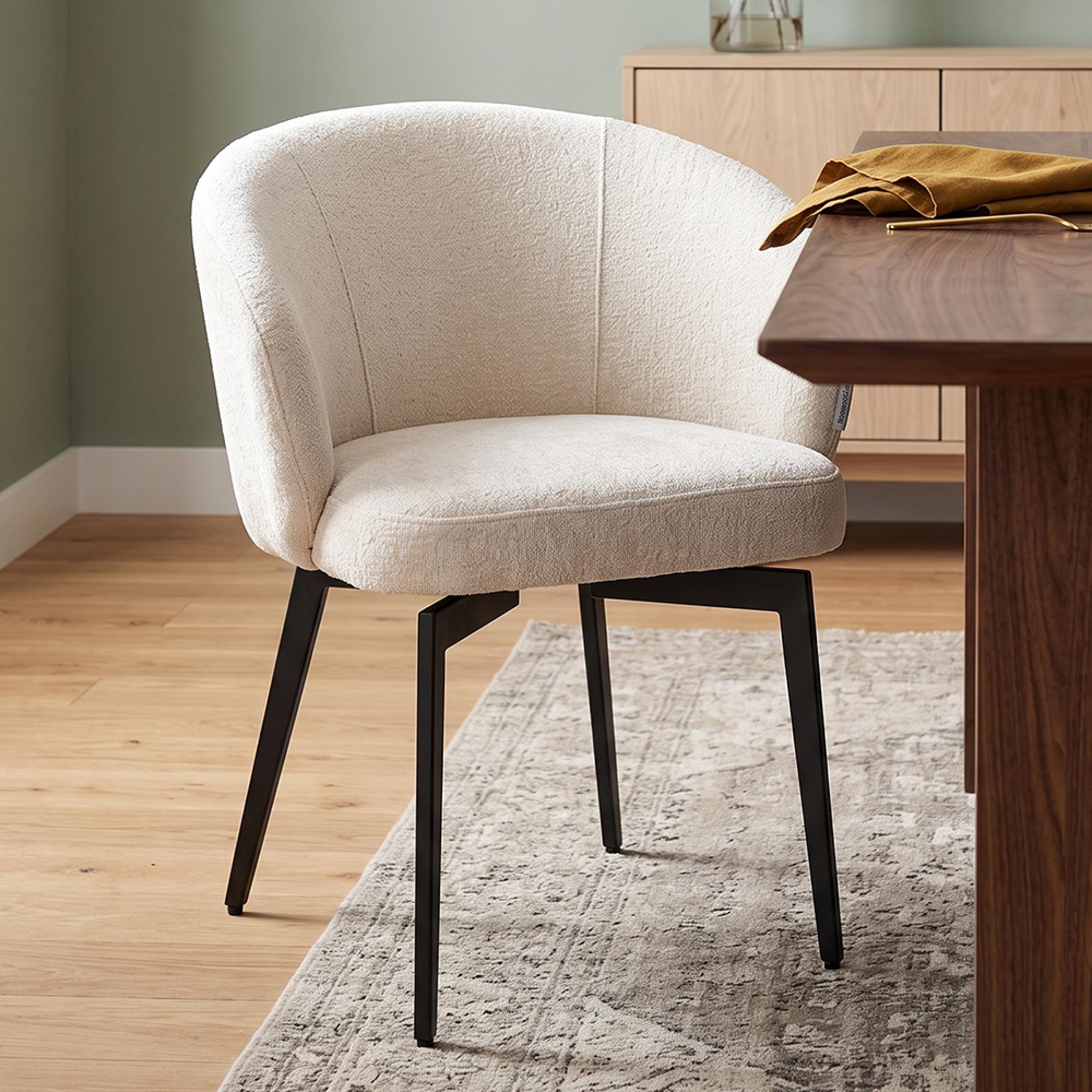 Amphara Dining Armchair - Curved Back - White Chenille - Fabric and Metal