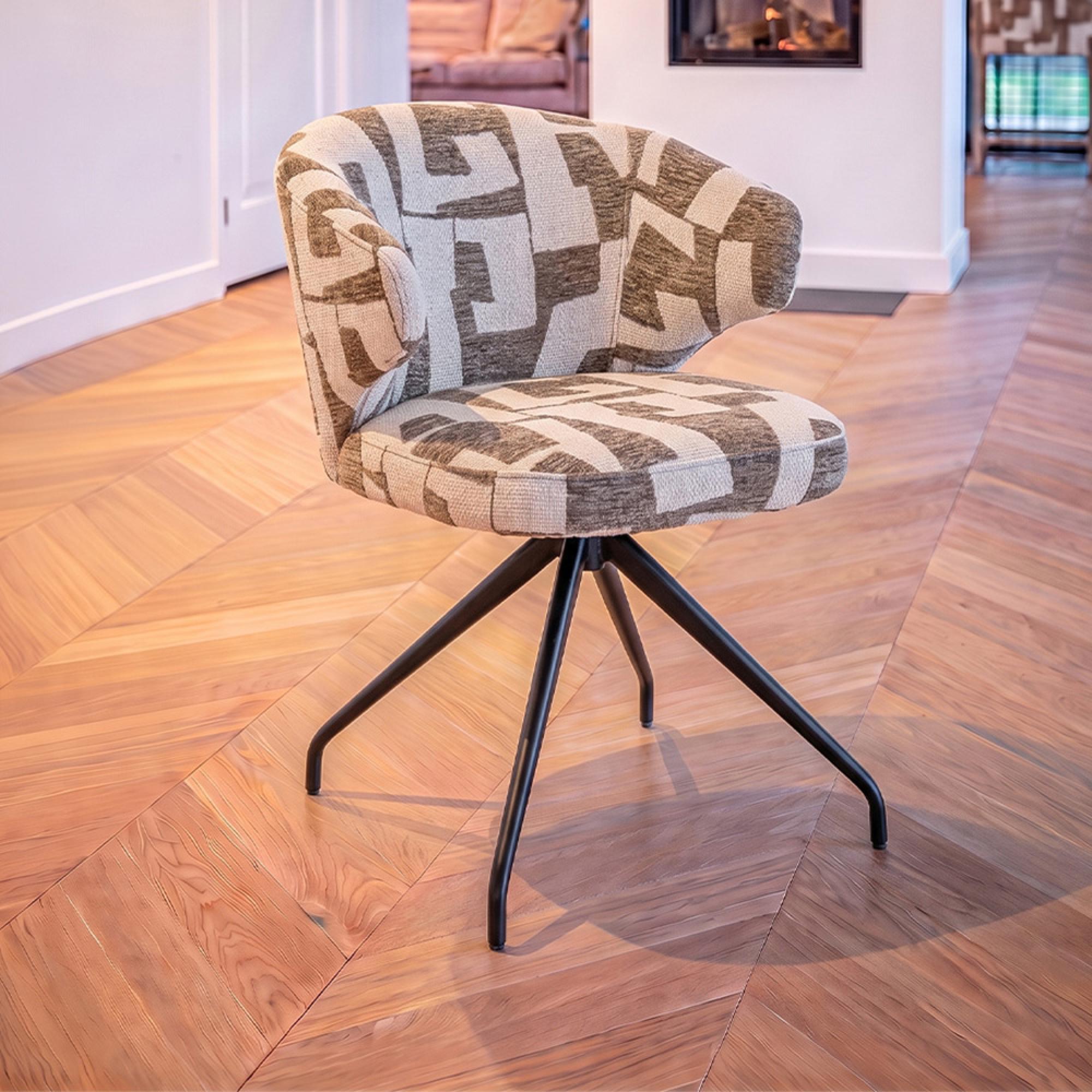 Milly Moss Fabric Graffic Swivel Dining Chair with Black Legs