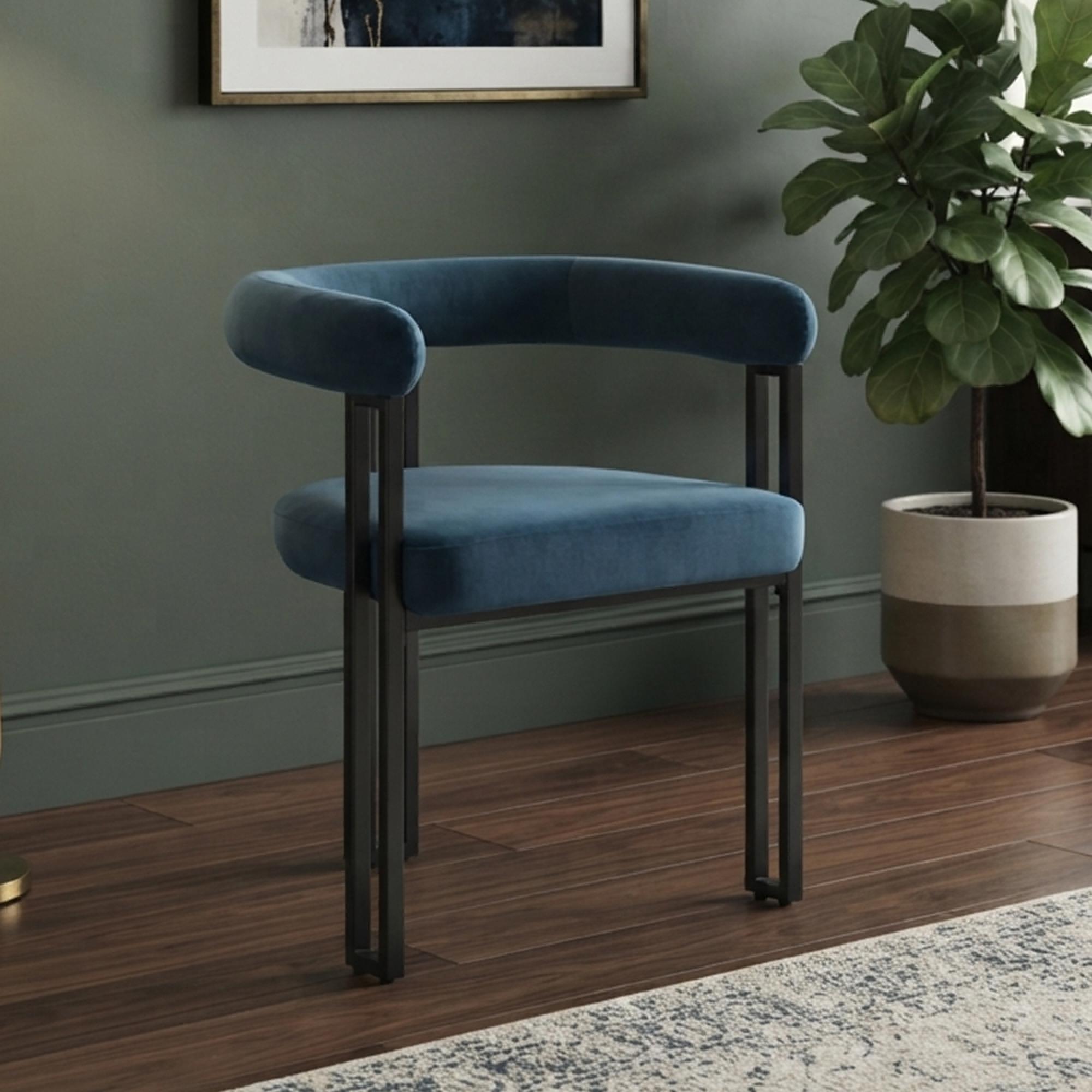 Bloom Dining Armchair - Set of 2 - Curved Back - Blue Velvet and Black - Fabric and Metal