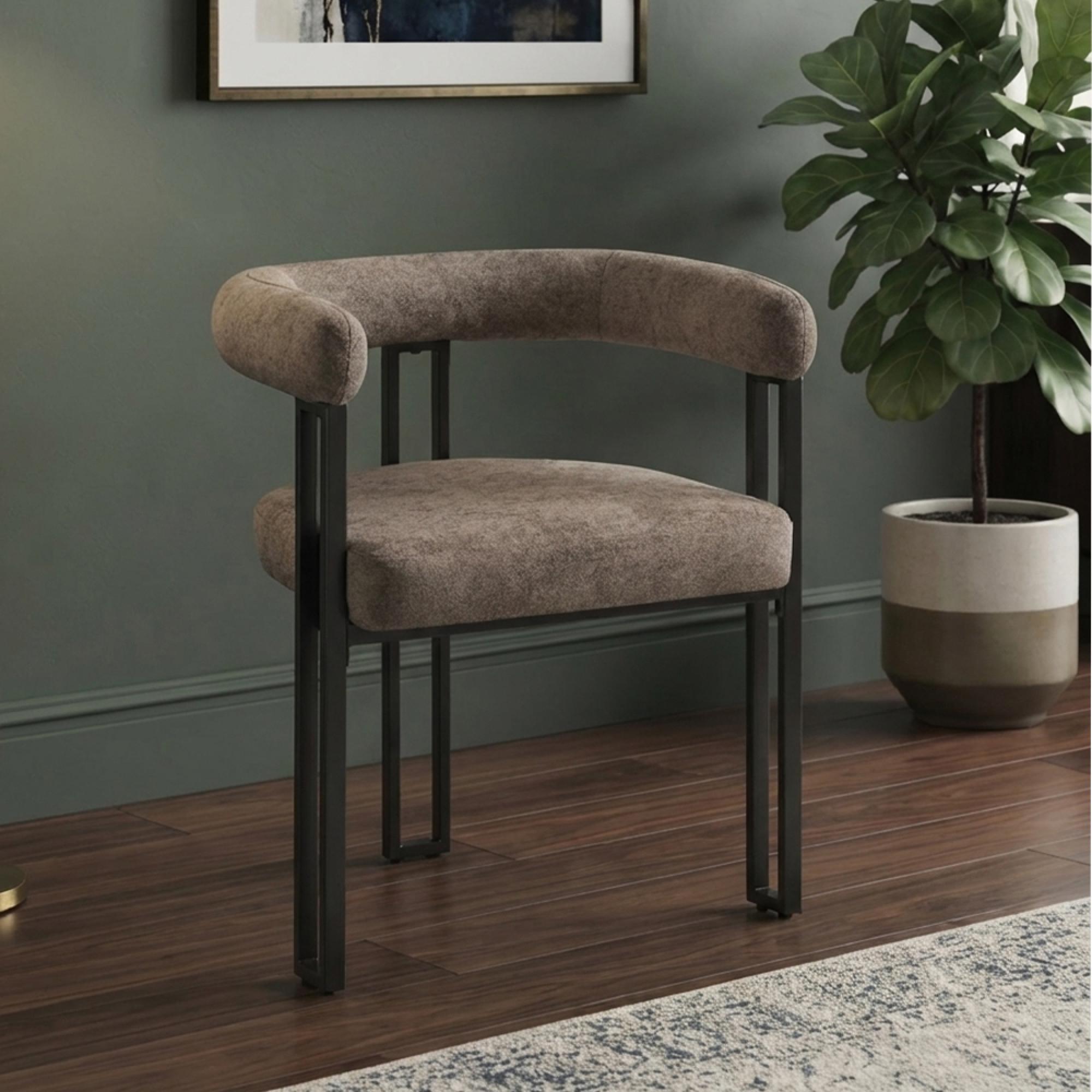 Bloom Dining Armchair - Set of 2 - Curved Back - Taupe Soft Weave and Black - Fabric and Metal