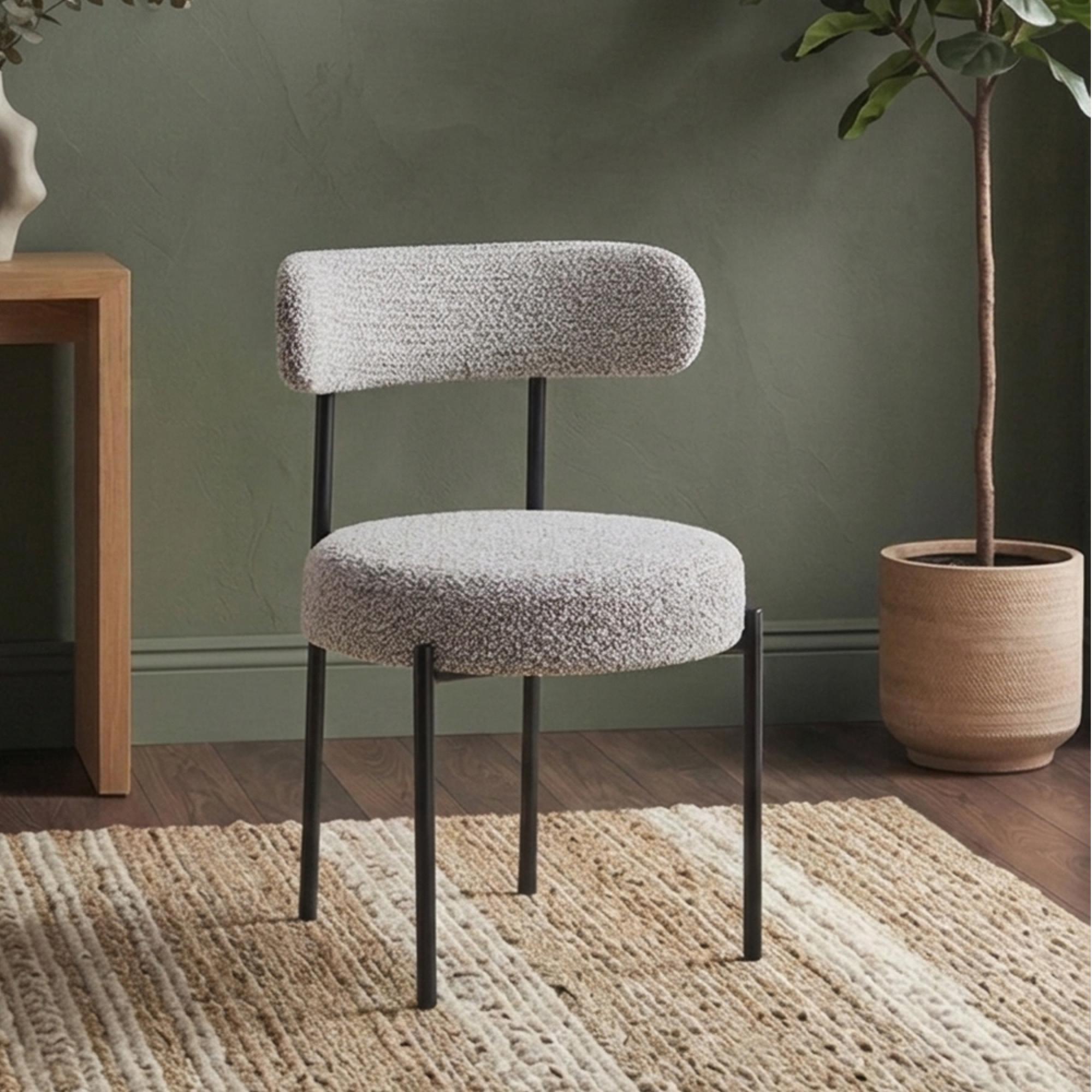 Flora Dining Chair - Set of 2 - Curved Back - Mink Boucle and Black - Fabric and Metal