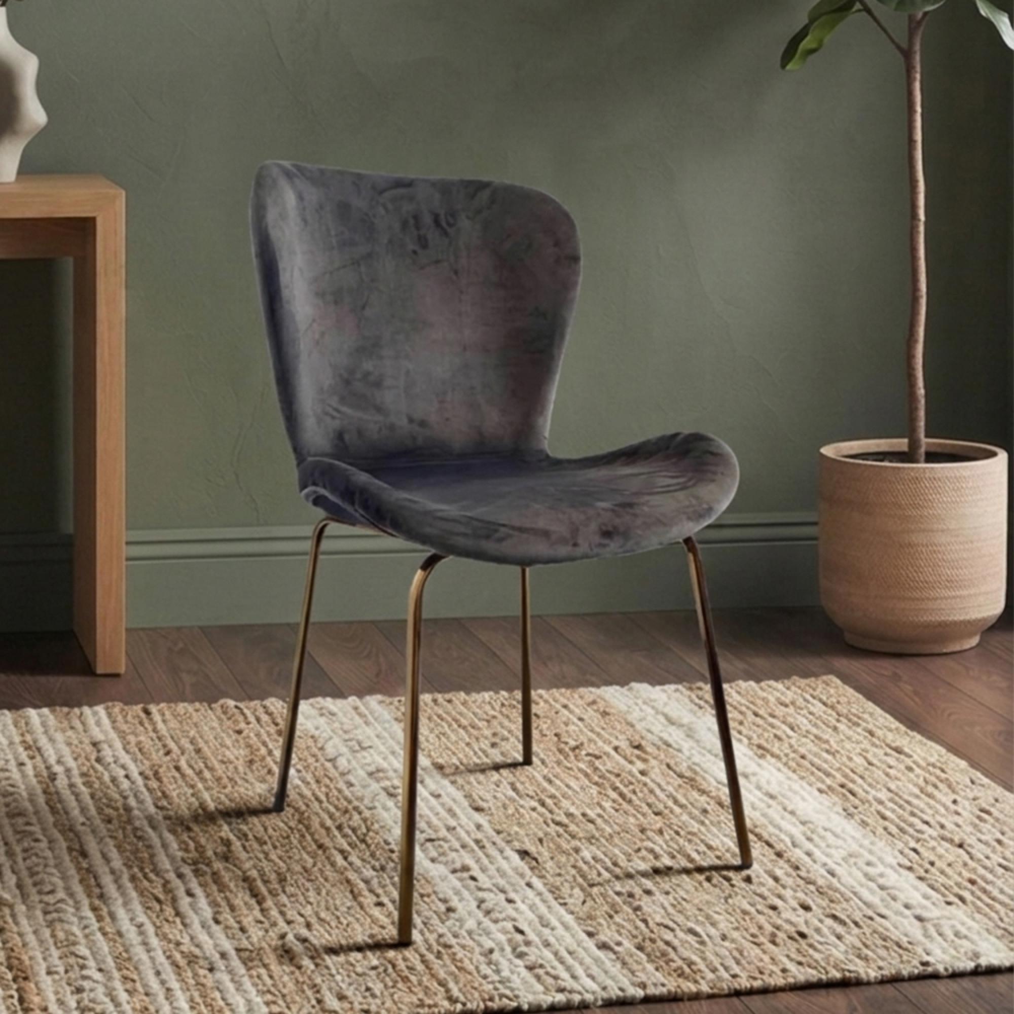 Jasmine Dining Chair - Set of 2 - Curved Back - Dark Grey and Brass - Fabric and Metal