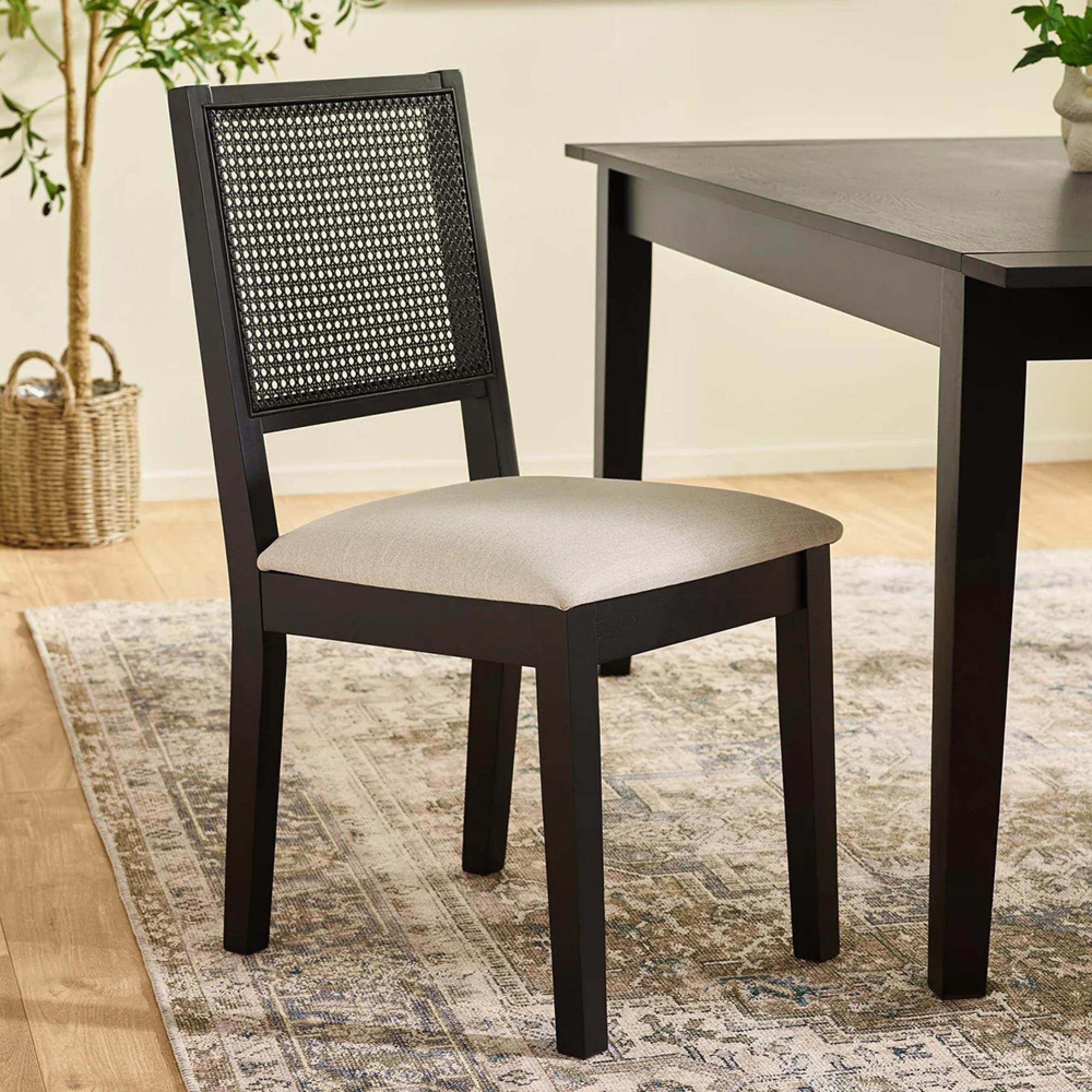 Knoxley Dining Chair - Set of 2 - Black and Cream - Rattan and Fabric