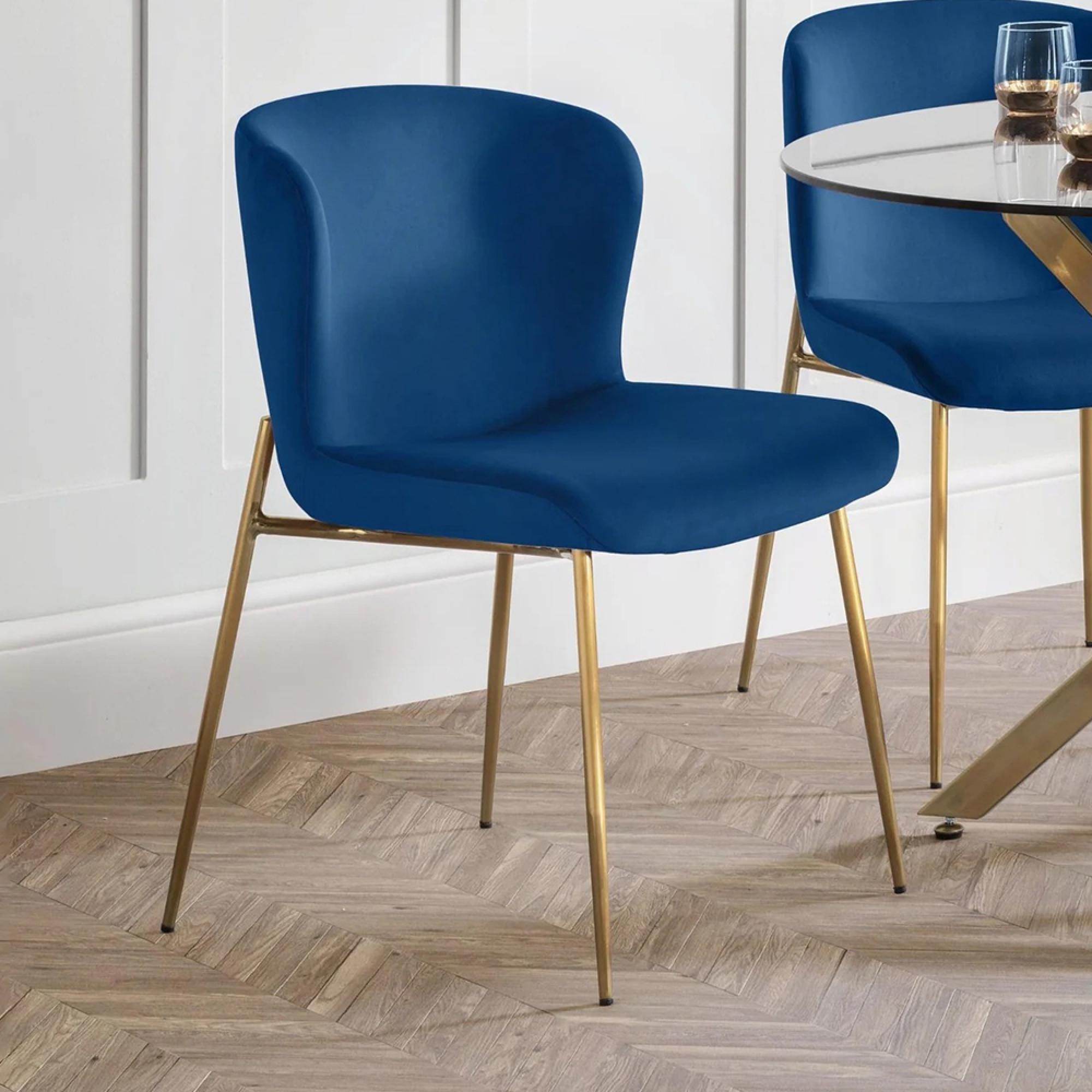 Harper Dining Chair - Set of 2 - Curved Back - Blue and Gold - Fabric and Metal