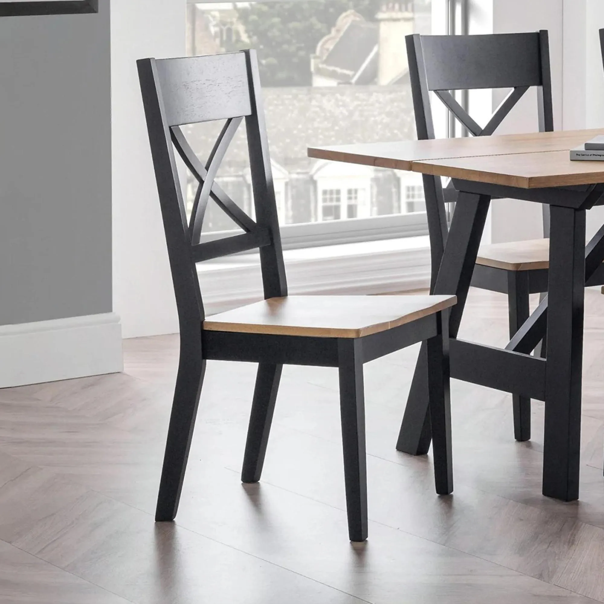 Hockley Dining Chair - Set of 2 - Cross Back - Black Painted - Oak Effect
