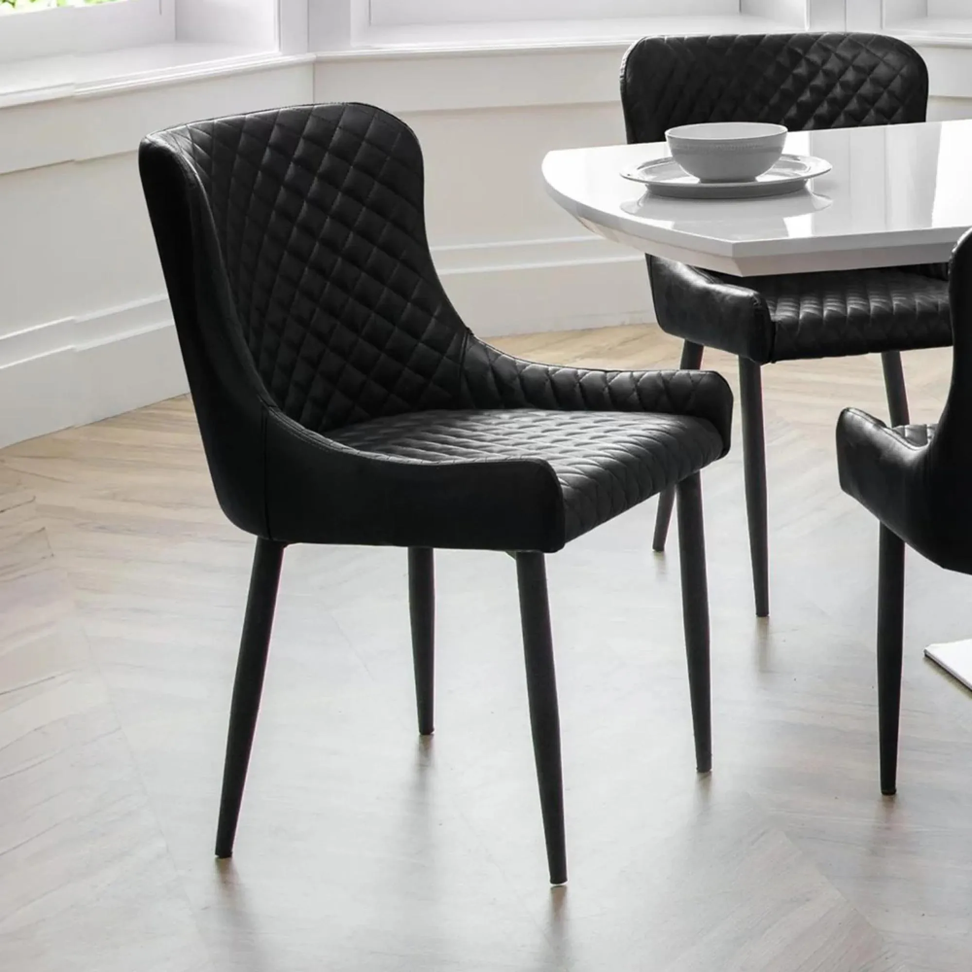 Luxe Dining Chair - Set of 2 - Curved Back - Black - Faux Leather and Metal