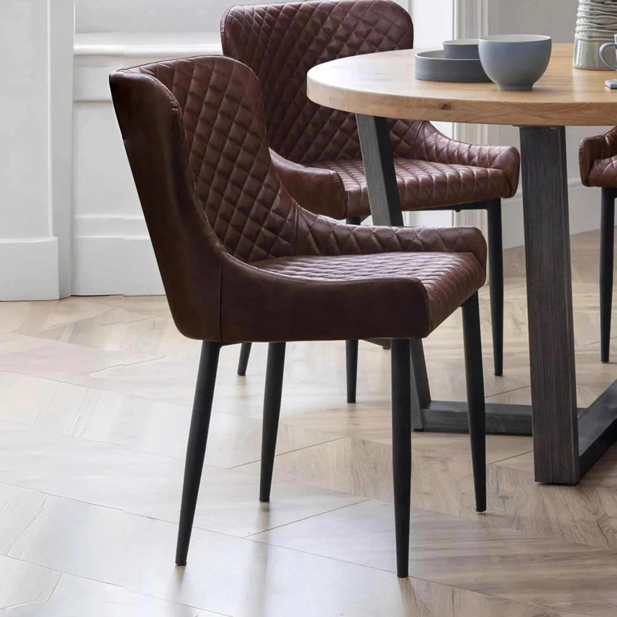 Luxe Dining Chair - Set of 2 - Curved Back - Brown and Black - Faux Leather and Metal