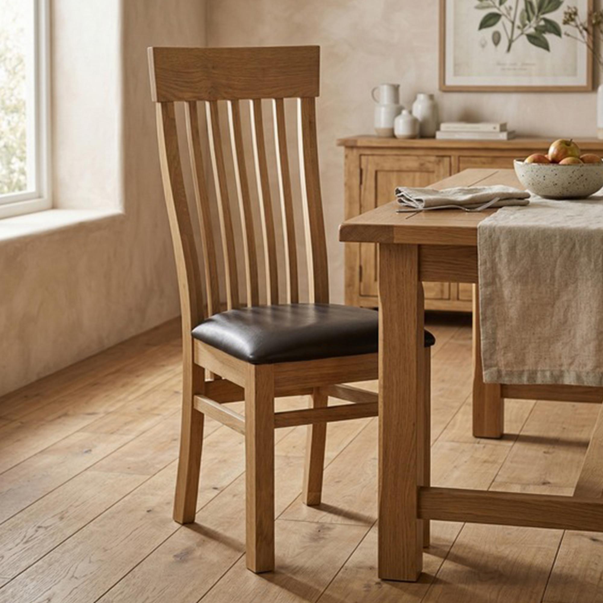 Treviso Dining Chair - Set of 2 - Slatted Back - Oak and Faux Leather