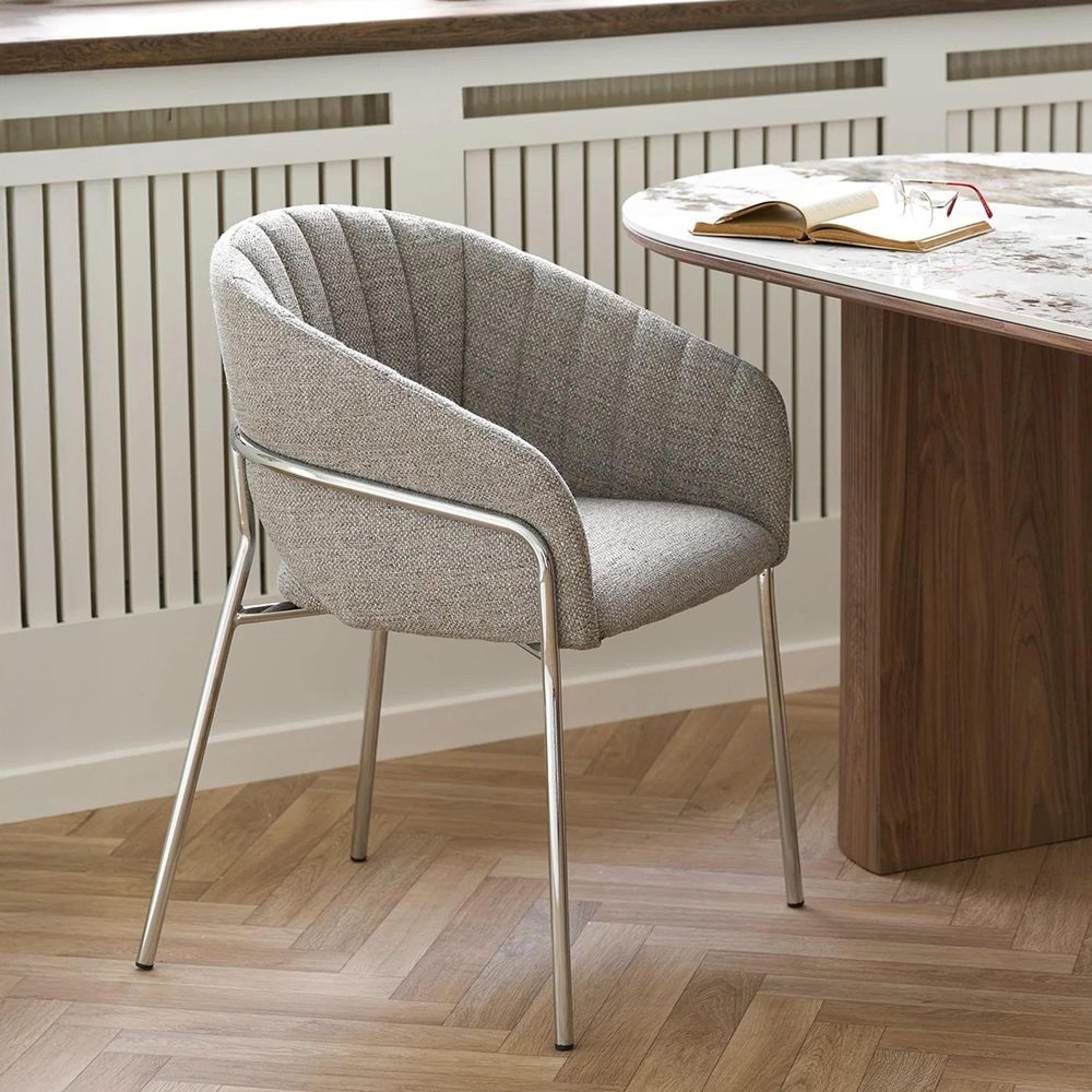 Costa Dining Armchair - Set of 2 - Curved Back - Light Grey and Chrome - Fabric and Metal