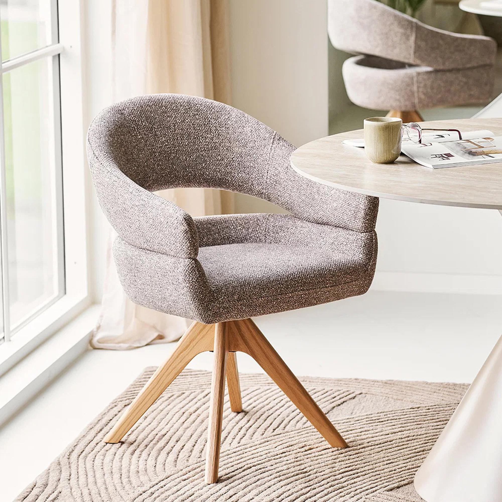 Dover Swivel Dining Armchair - Set of 2 - Curved Back - Brown and Natural - Fabric and Oak