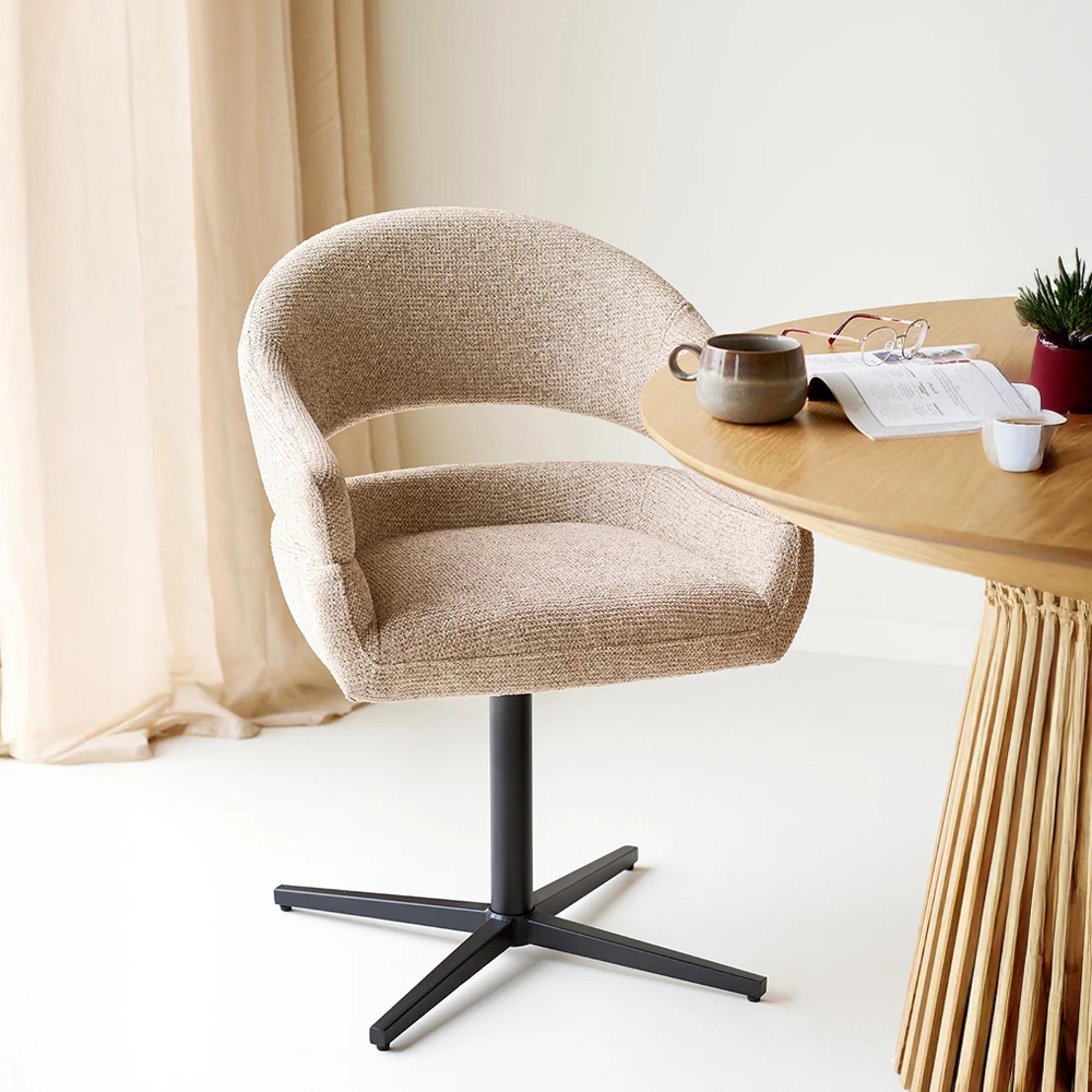 Dover Swivel Dining Armchair - Set of 2 - Curved Back - Sand and Black - Fabric and Metal