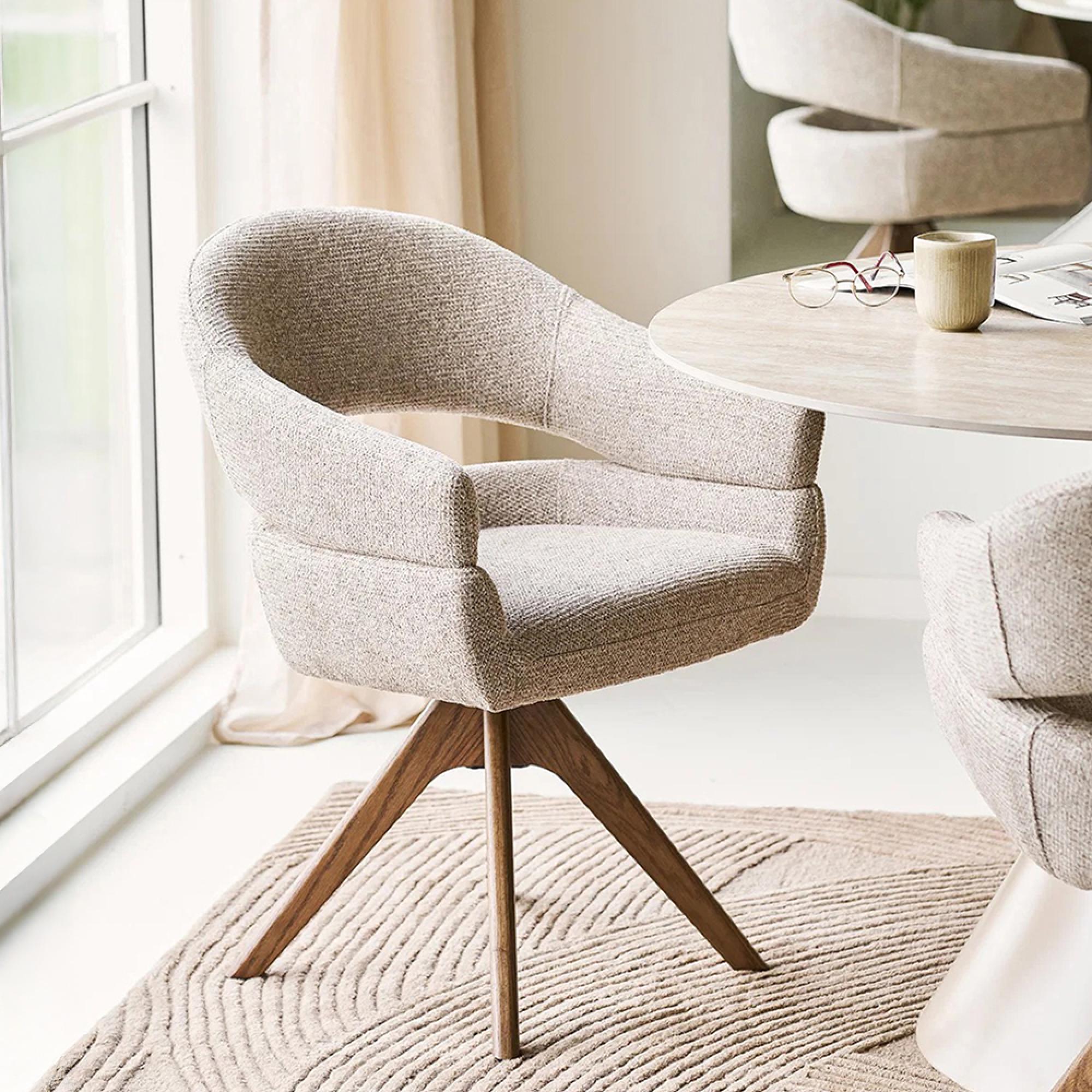 Dover Swivel Dining Armchair - Set of 2 - Curved Back - Sand and Brown - Fabric and Oak