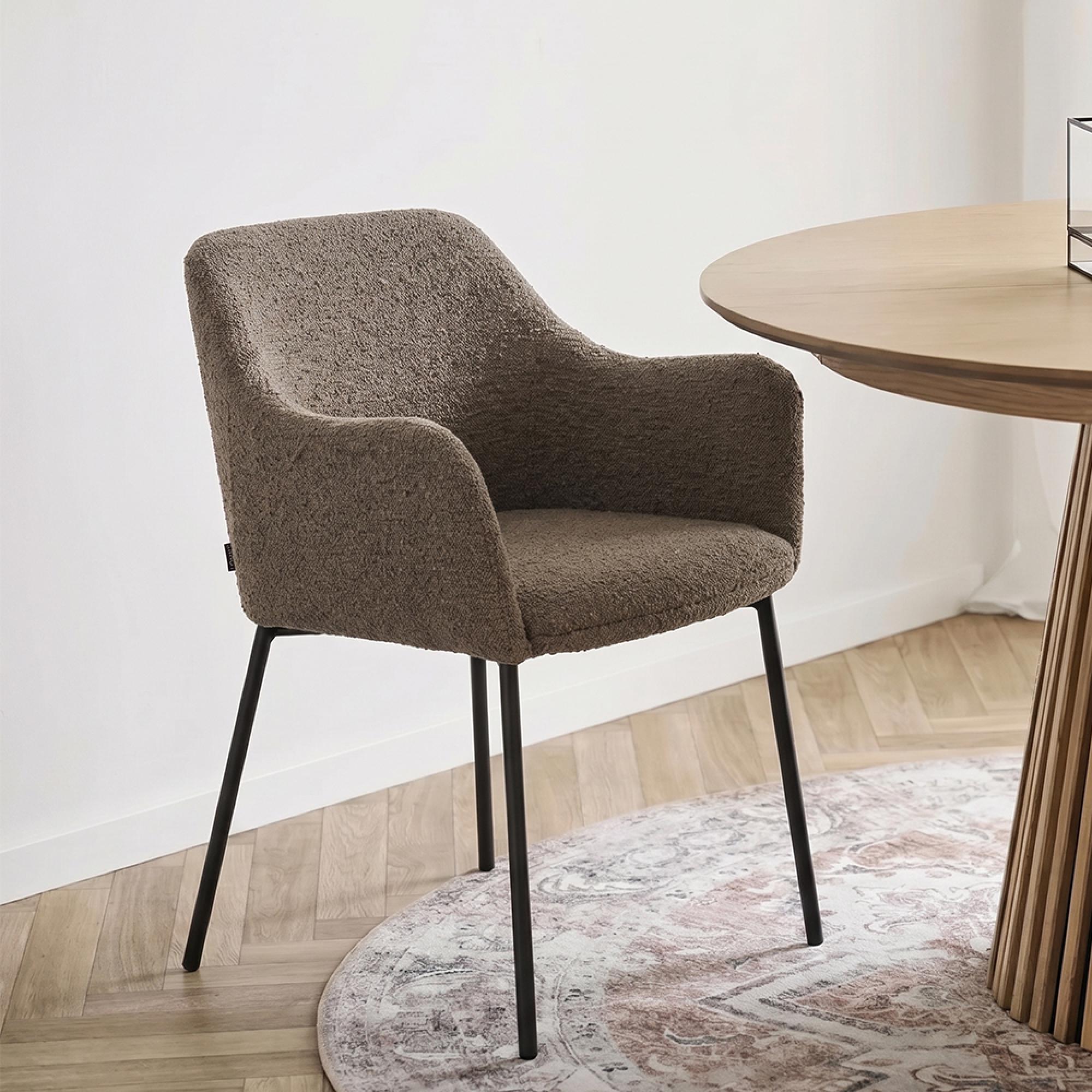 Melilla Dining Armchair - Set of 2 - Brown Boucle and Black - Fabric and Metal