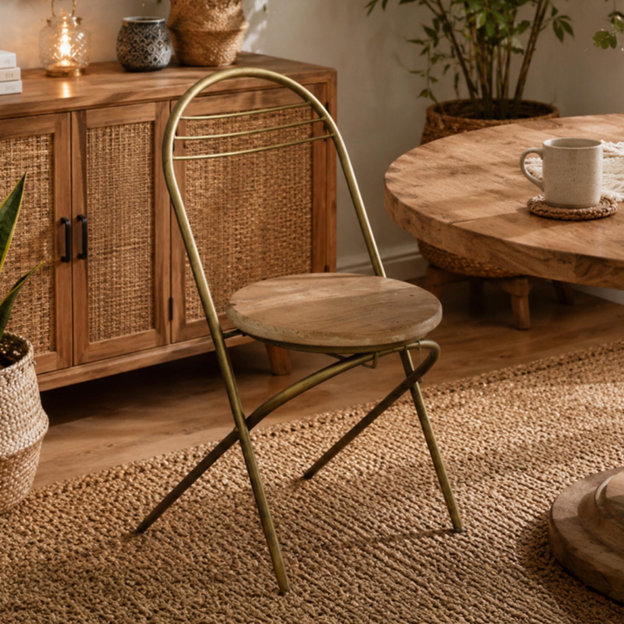 Dining Chair - Set of 2 - Gold Metal and Wood