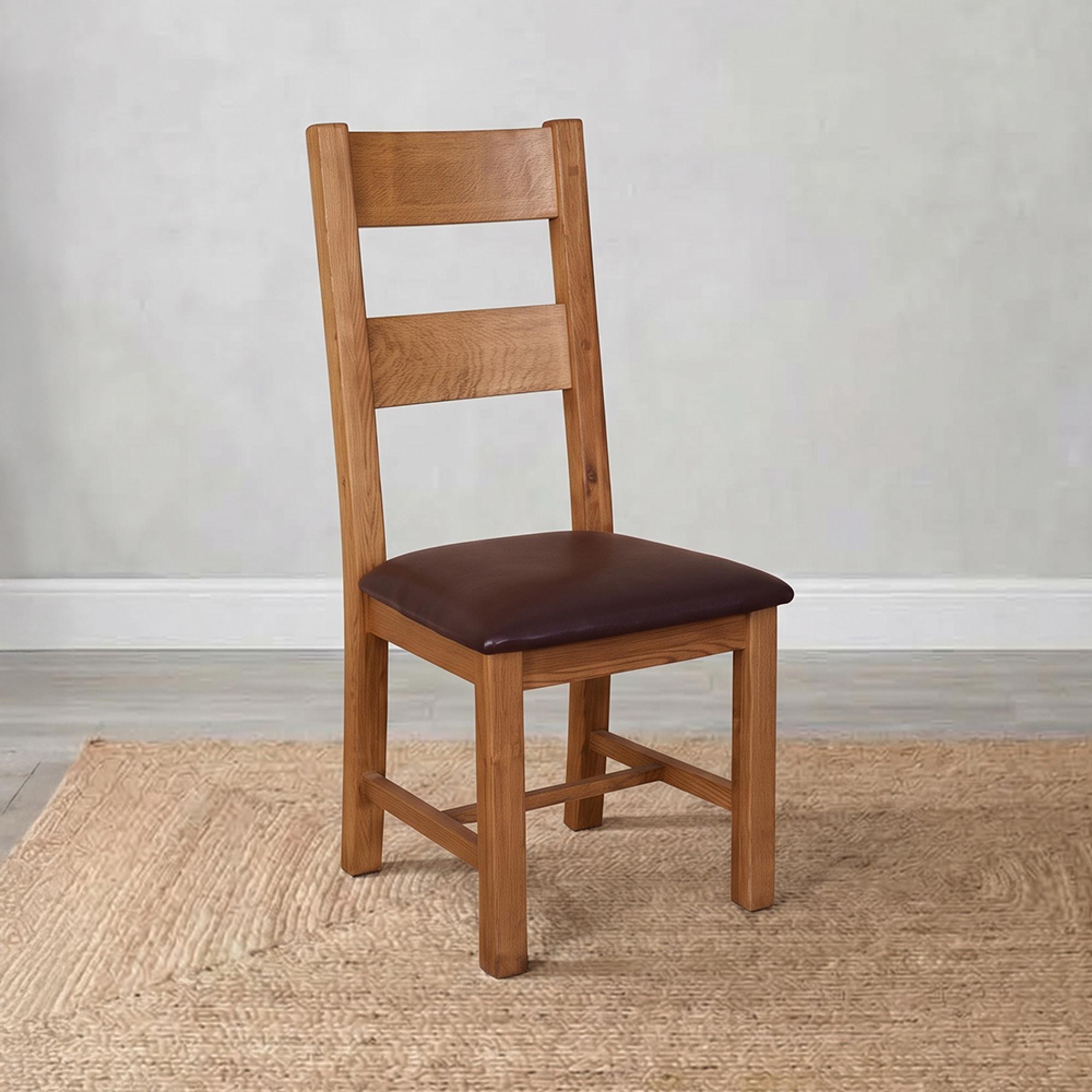 Melbourne Country Dining Chair - Set of 2 - Ladder Back - Rustic and Brown - Oak and Faux Leather