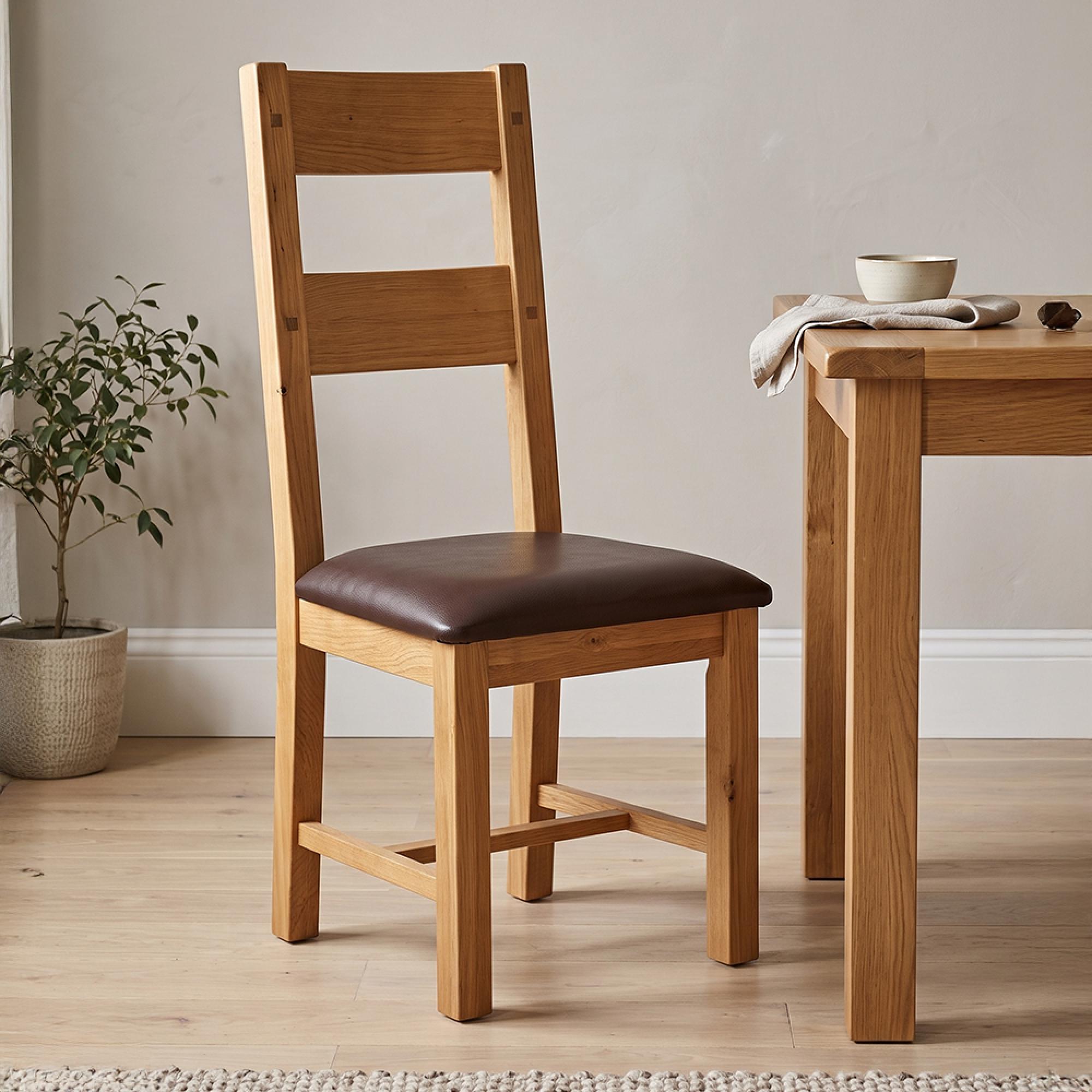 2 x Melbourne Natural Oak and Brown Faux Leather Ladder Back Dining Chair