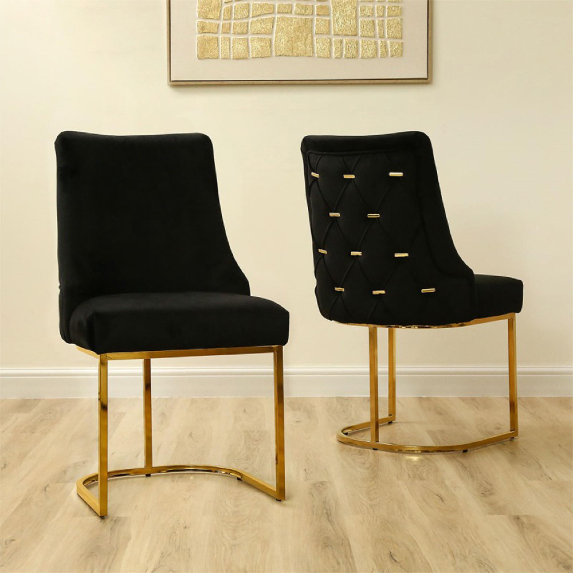 Casas Dining Chair - Set of 2 - Black Velvet Fabric - Gold Legs