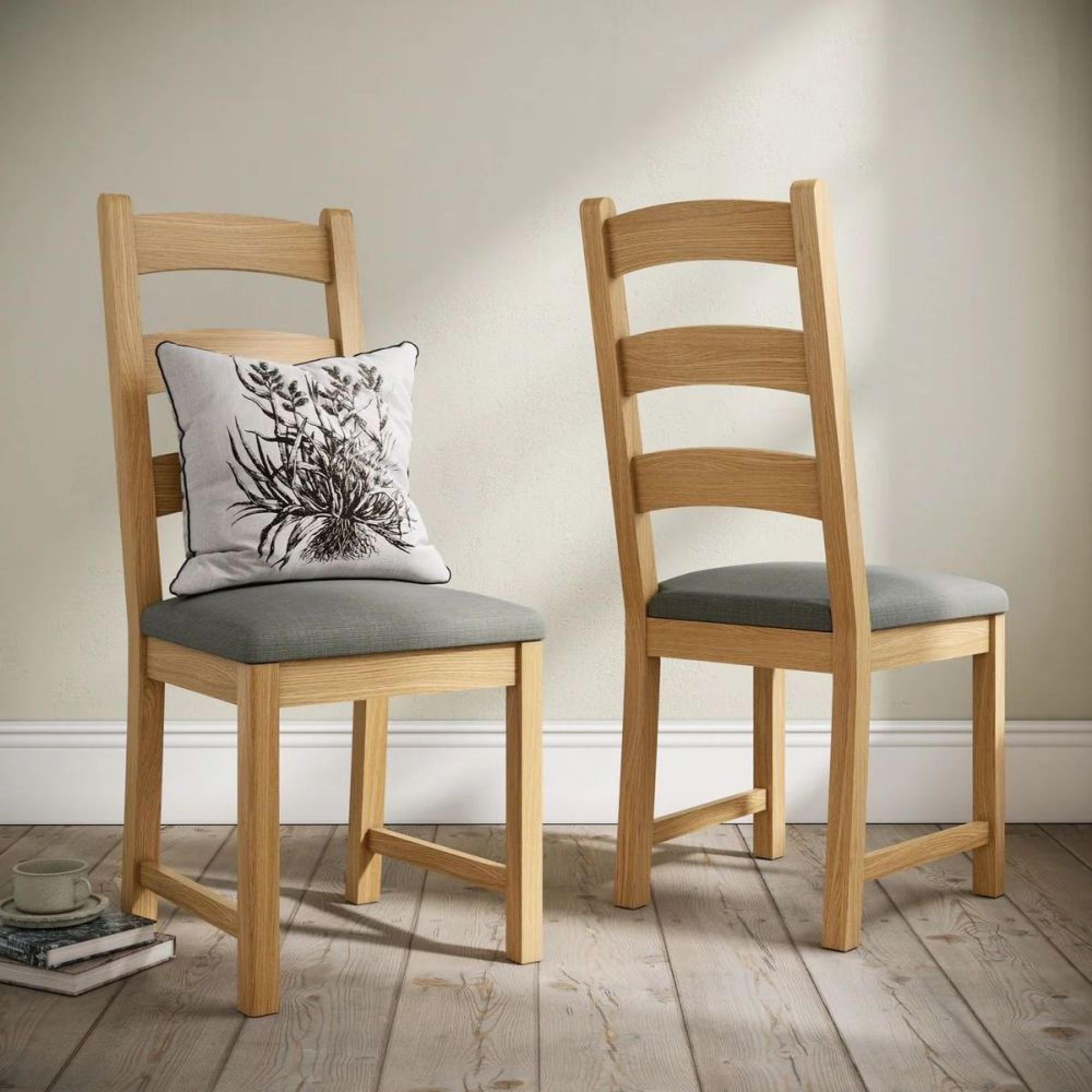 Normandy Dining Chair - Set of 2 - Grey Fabric - Ladder Back Oak