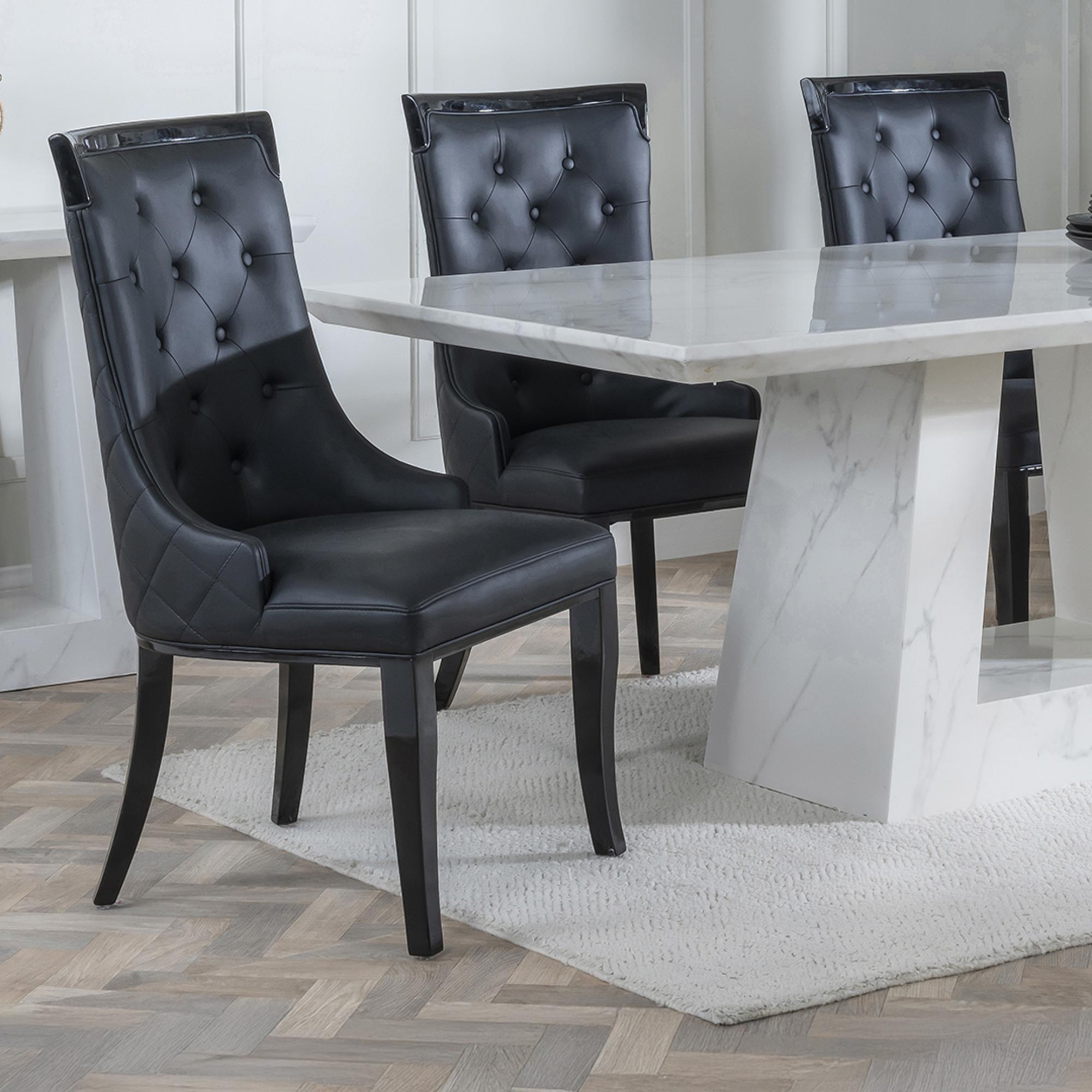 Carmela Dining Chair - Large High Back - Black Leather - Black Legs