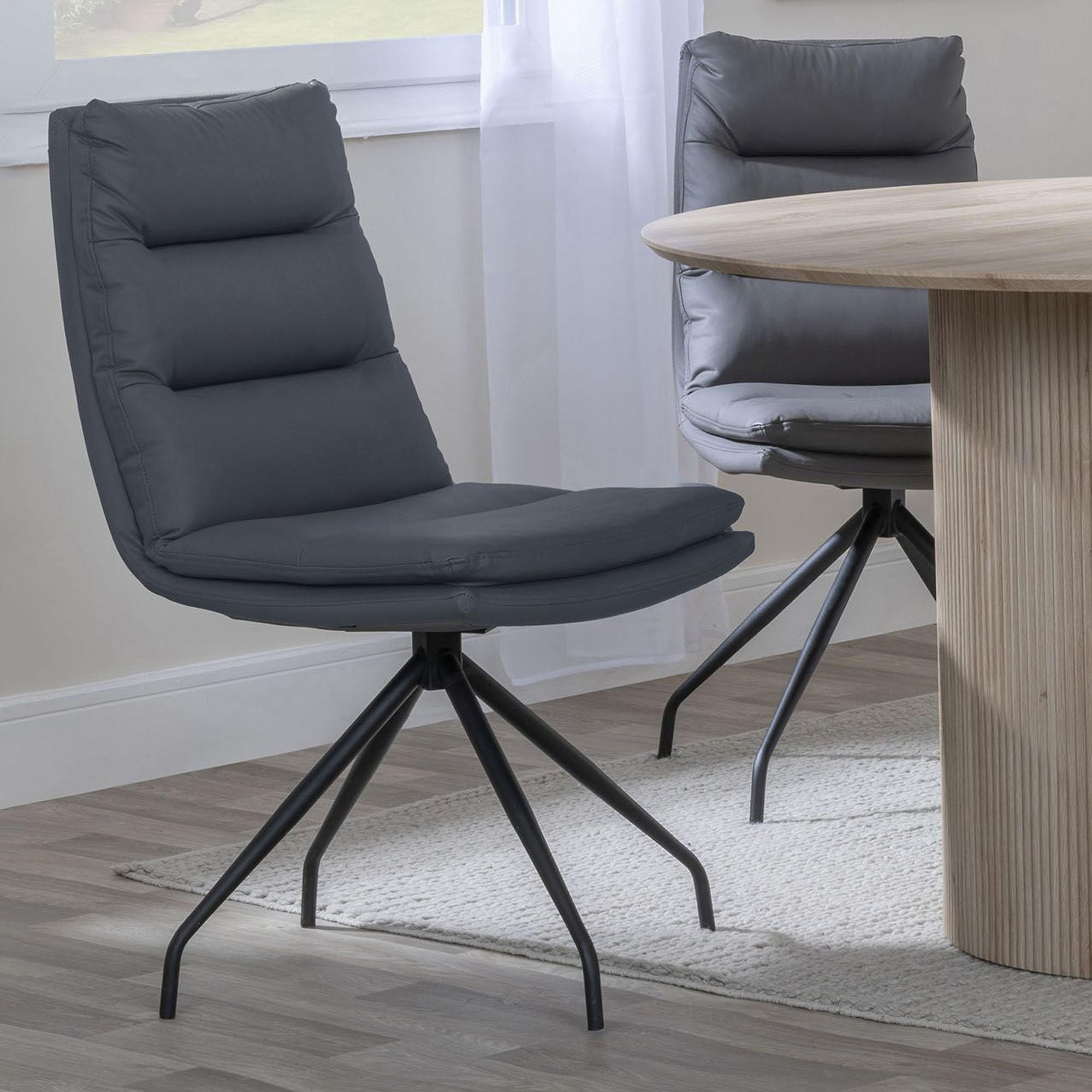 Diego Dining Chair - Swivel - Grey Leather - Black Legs