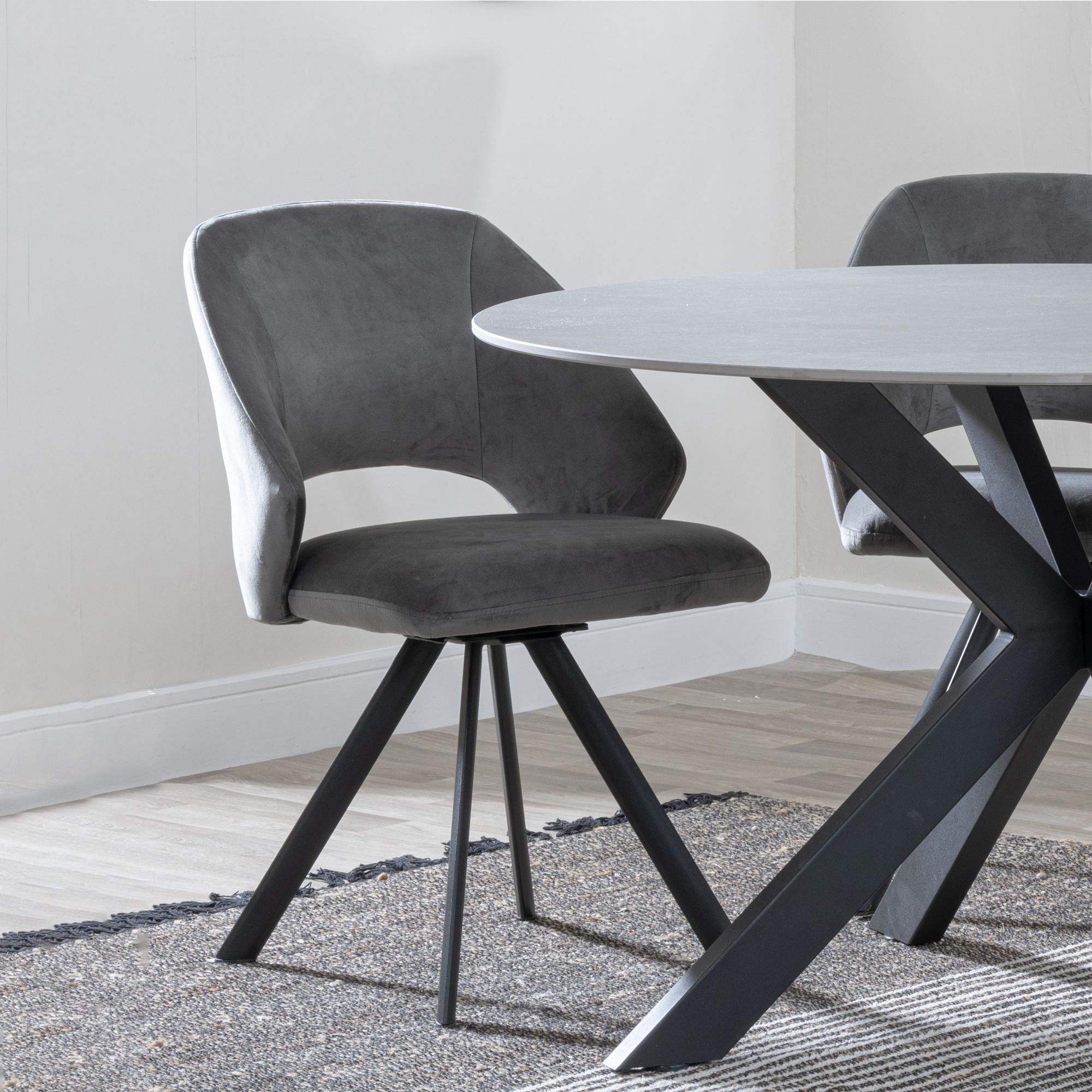 Ion Dining Chair - Swivel - Dark Grey Velvet Fabric - Black Legs