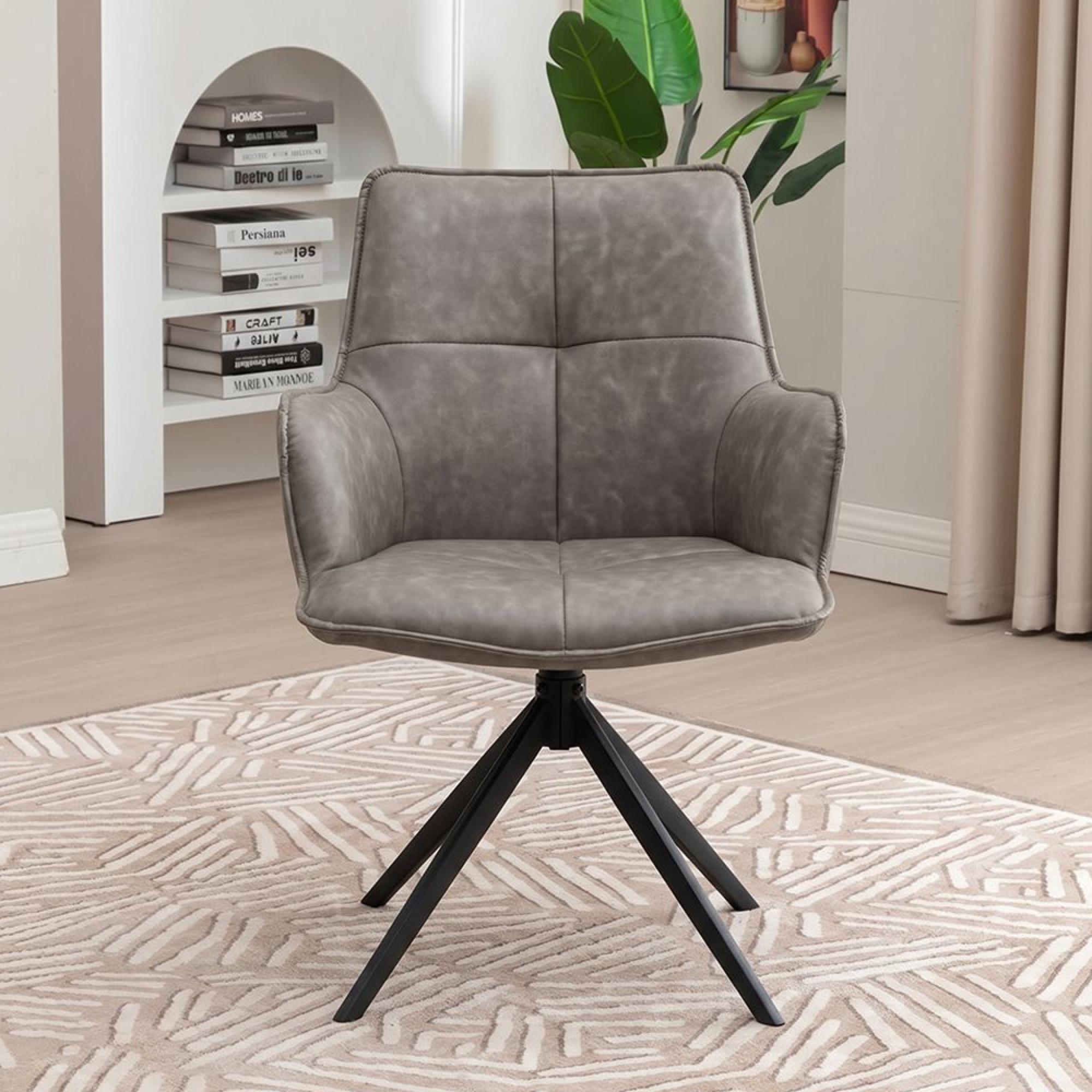 Jacob Swivel Dining Armchair - Set of 2 - Grey and Black - Faux Leather and Metal