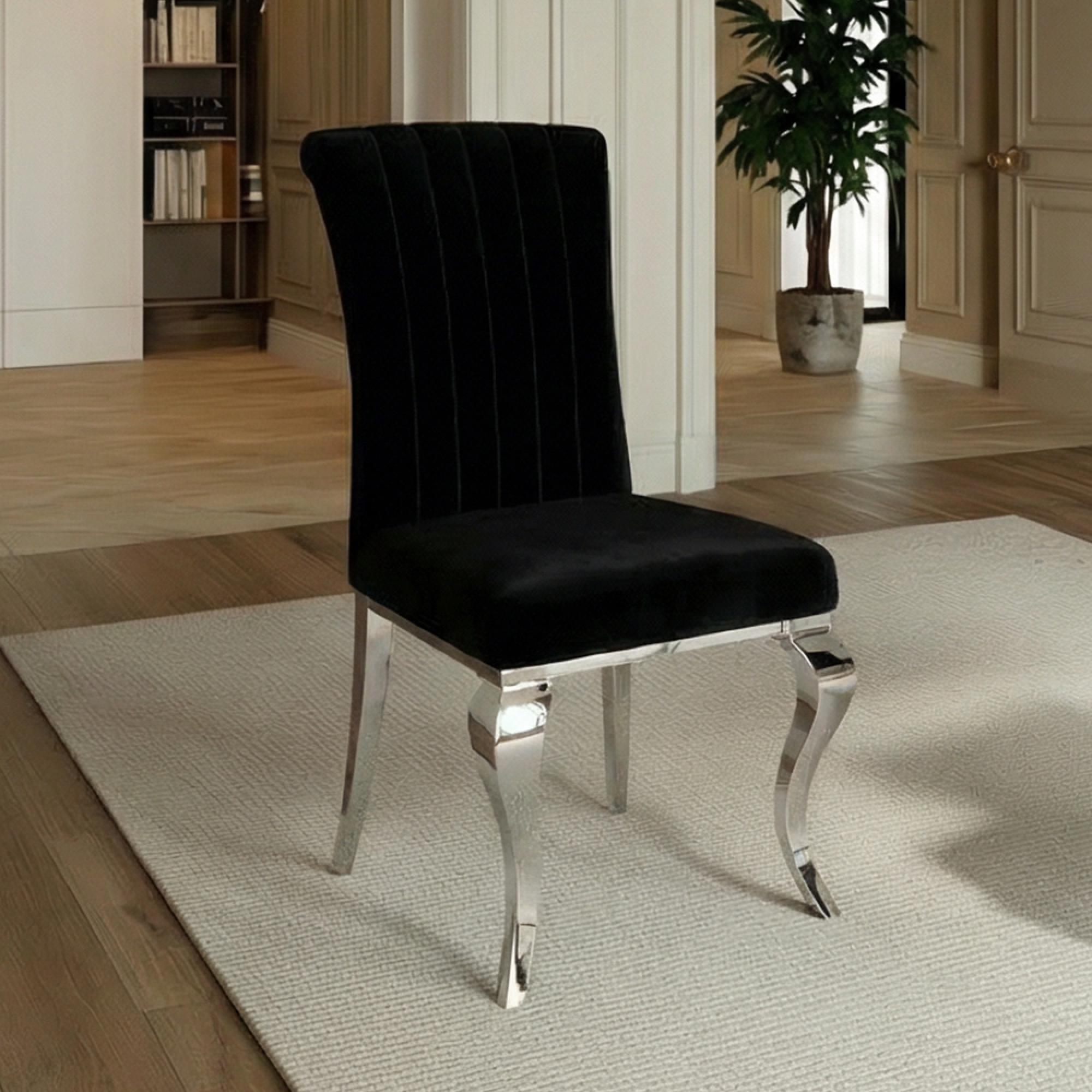 Louis Dining Chair - Black Velvet Fabric - Chrome Legs
