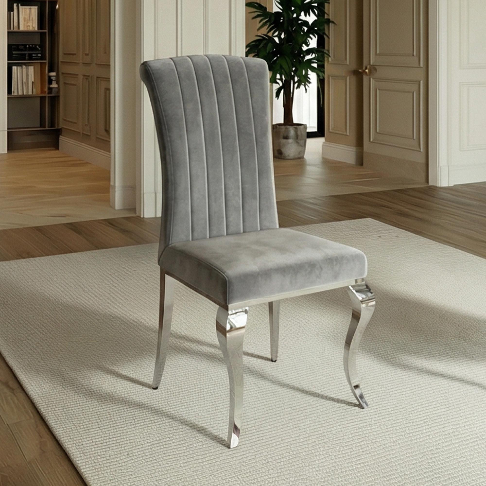 Louis Dining Chair - Grey Velvet Fabric - Chrome Legs
