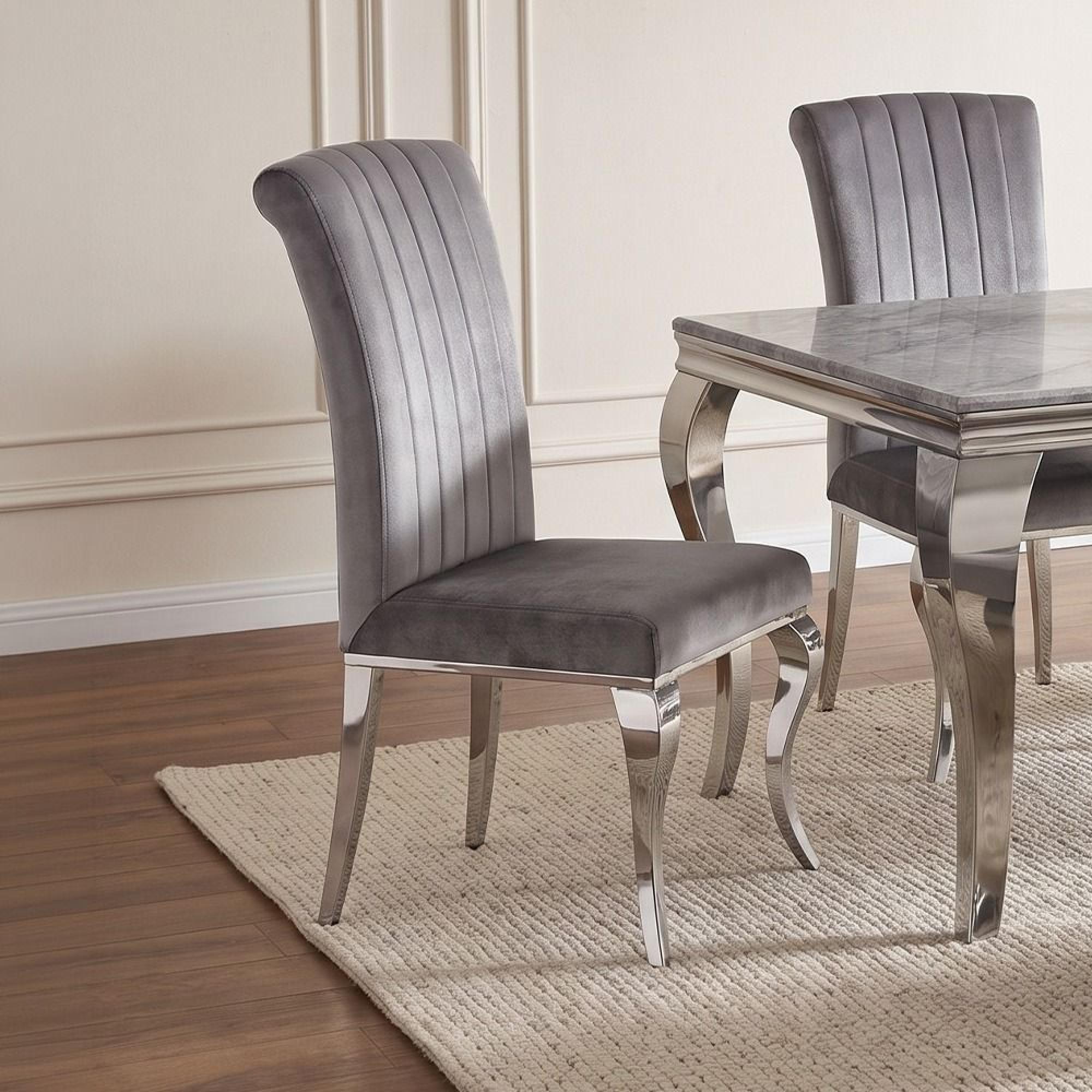 Louis Grey Velvet Fabric Dining Chair with Chrome Legs