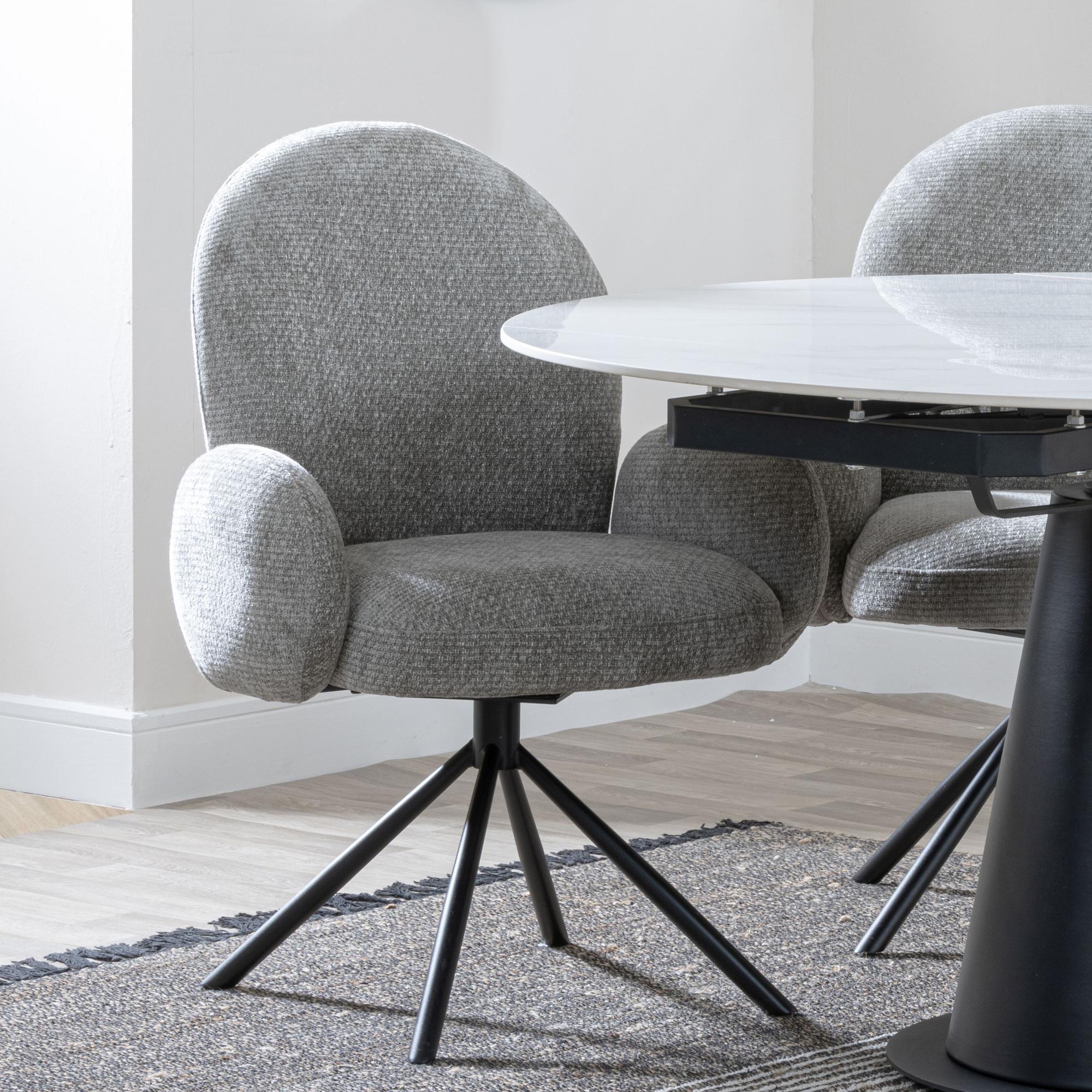 Theo Dining Armchair - Swivel - Dark Grey Fabric - Black Legs